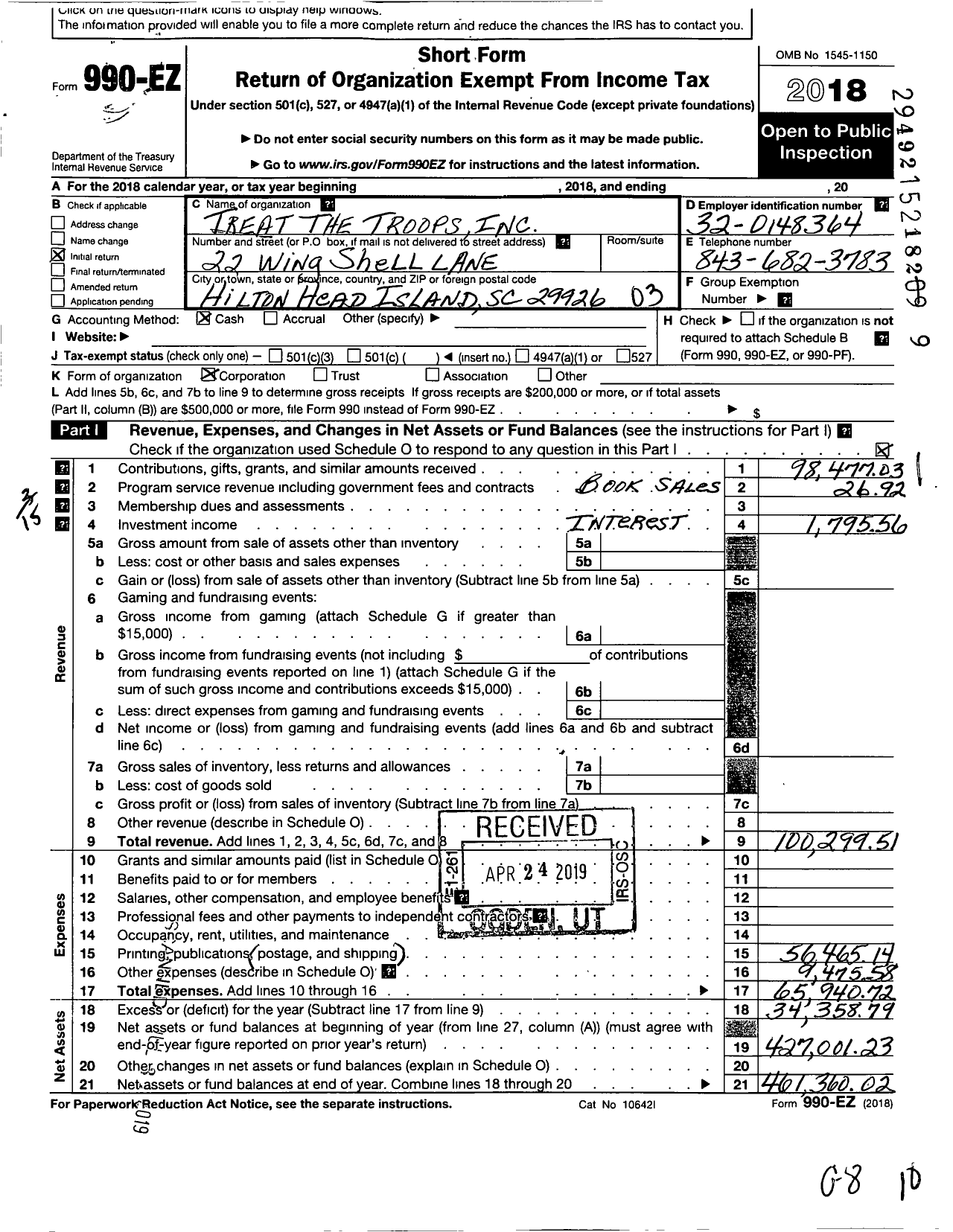 Image of first page of 2018 Form 990EZ for Treat The Troops