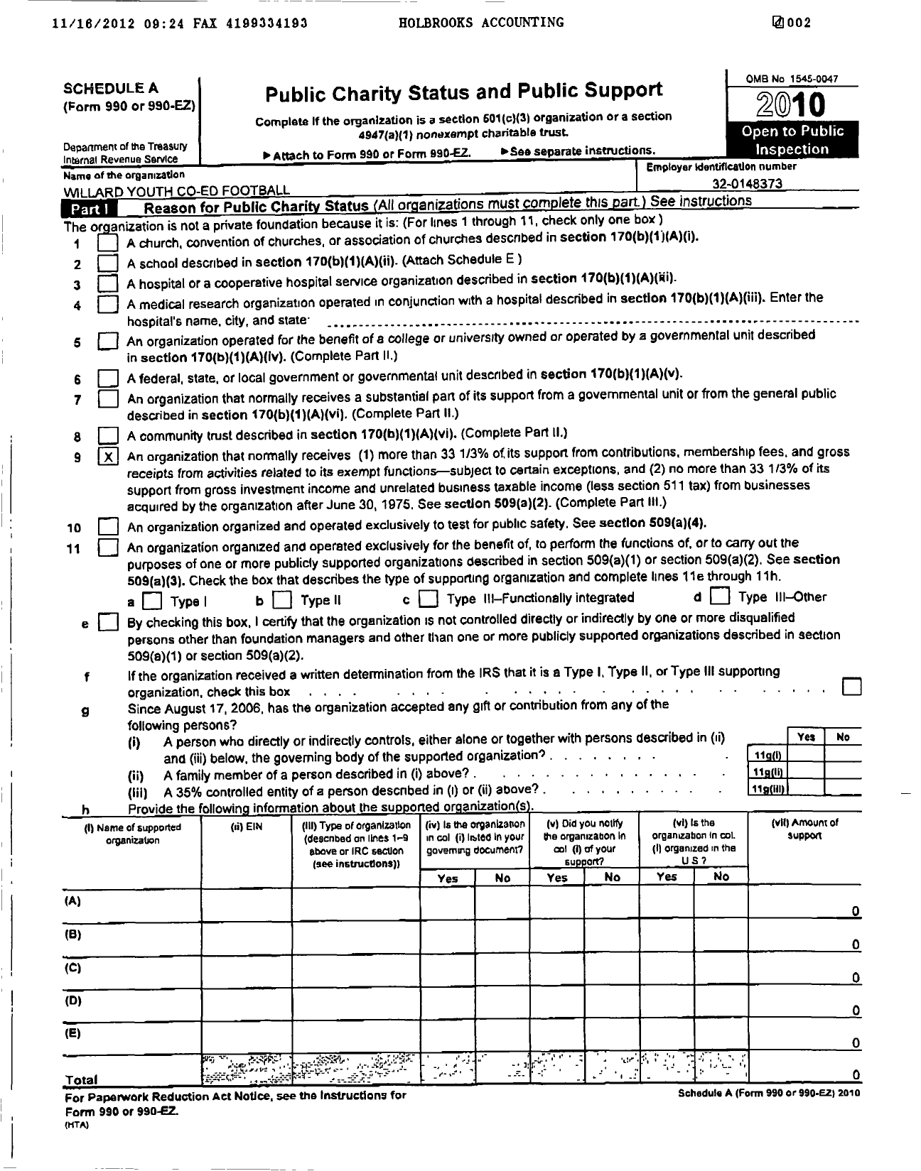 Image of first page of 2010 Form 990ER for Willard Youth Co-Ed Football