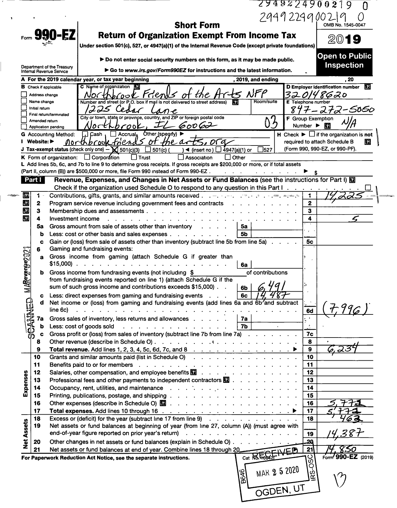 Image of first page of 2019 Form 990EZ for Northbrook Friends of the Arts (NFP)