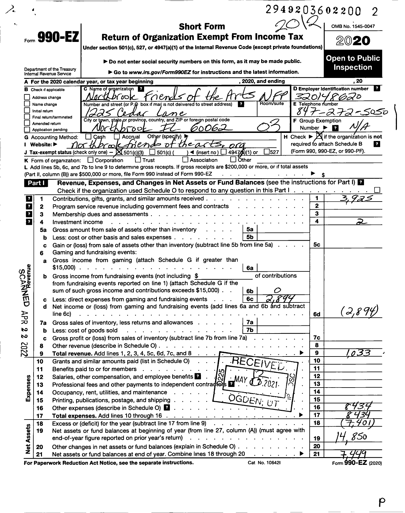 Image of first page of 2020 Form 990EZ for Northbrook Friends of the Arts (NFP)