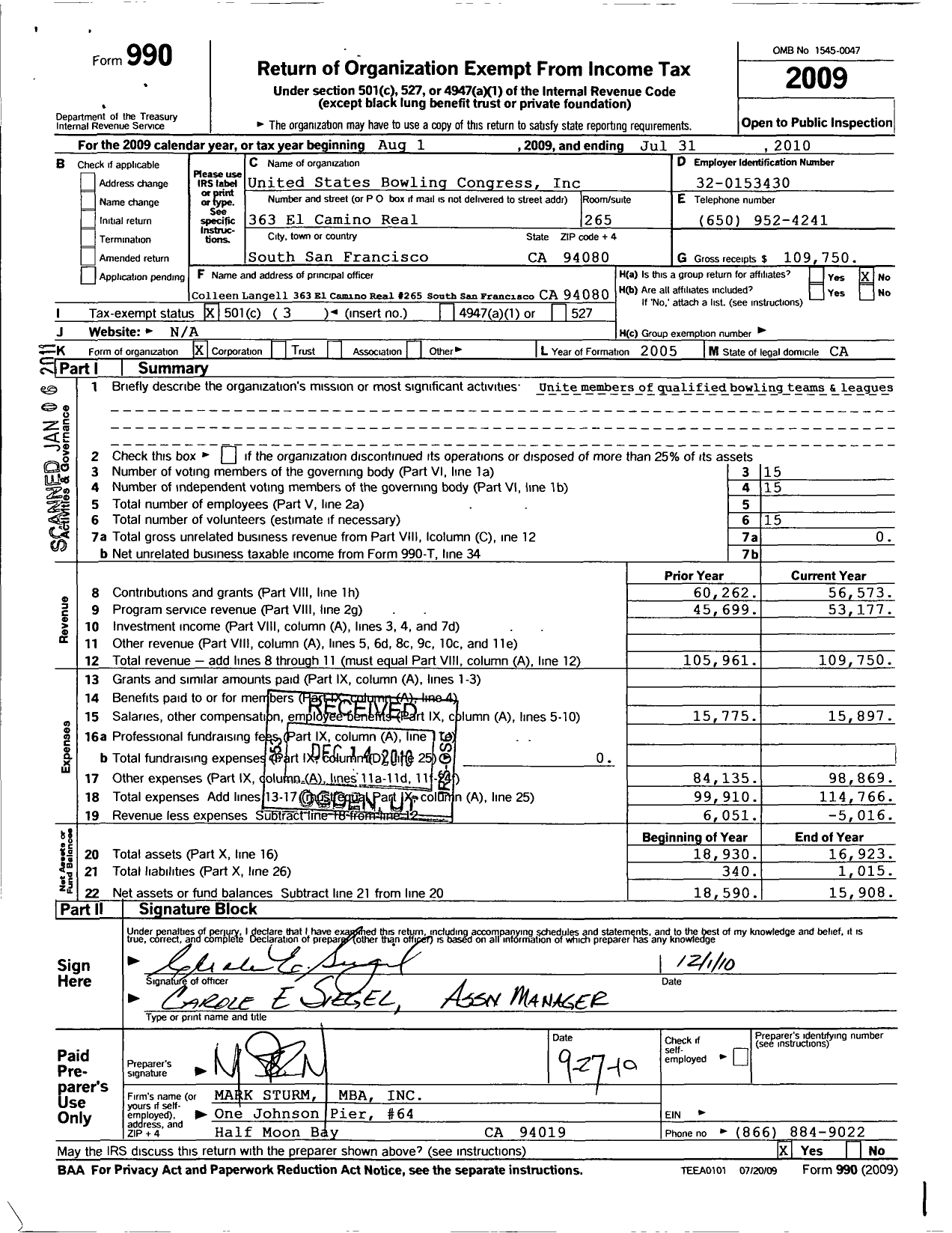 Image of first page of 2009 Form 990 for United States Bowling Congress - 82206 San Francisco Usbc