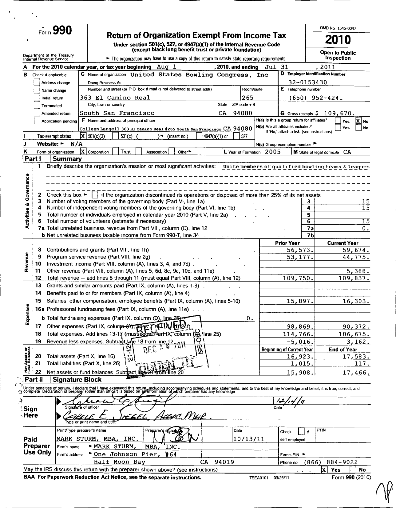 Image of first page of 2010 Form 990 for United States Bowling Congress - 82206 San Francisco Usbc