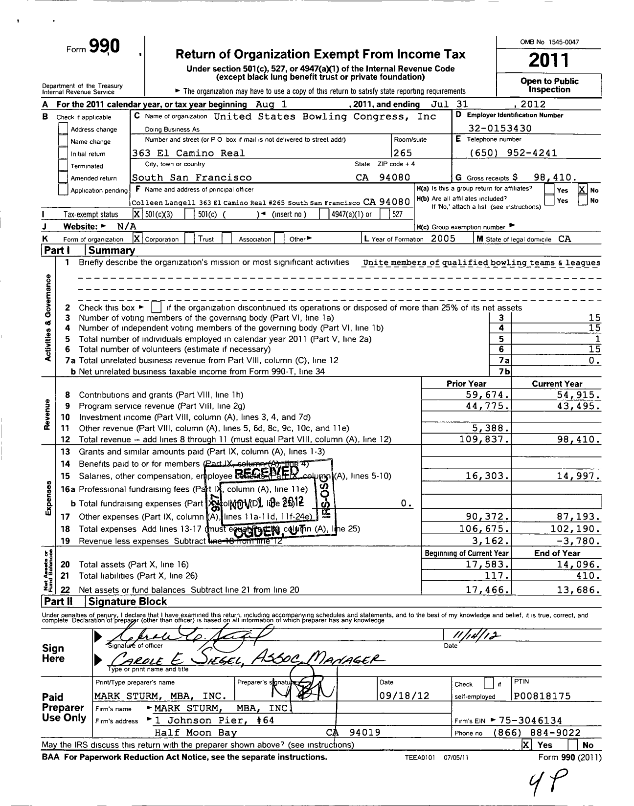 Image of first page of 2011 Form 990 for United States Bowling Congress - 82206 San Francisco Usbc