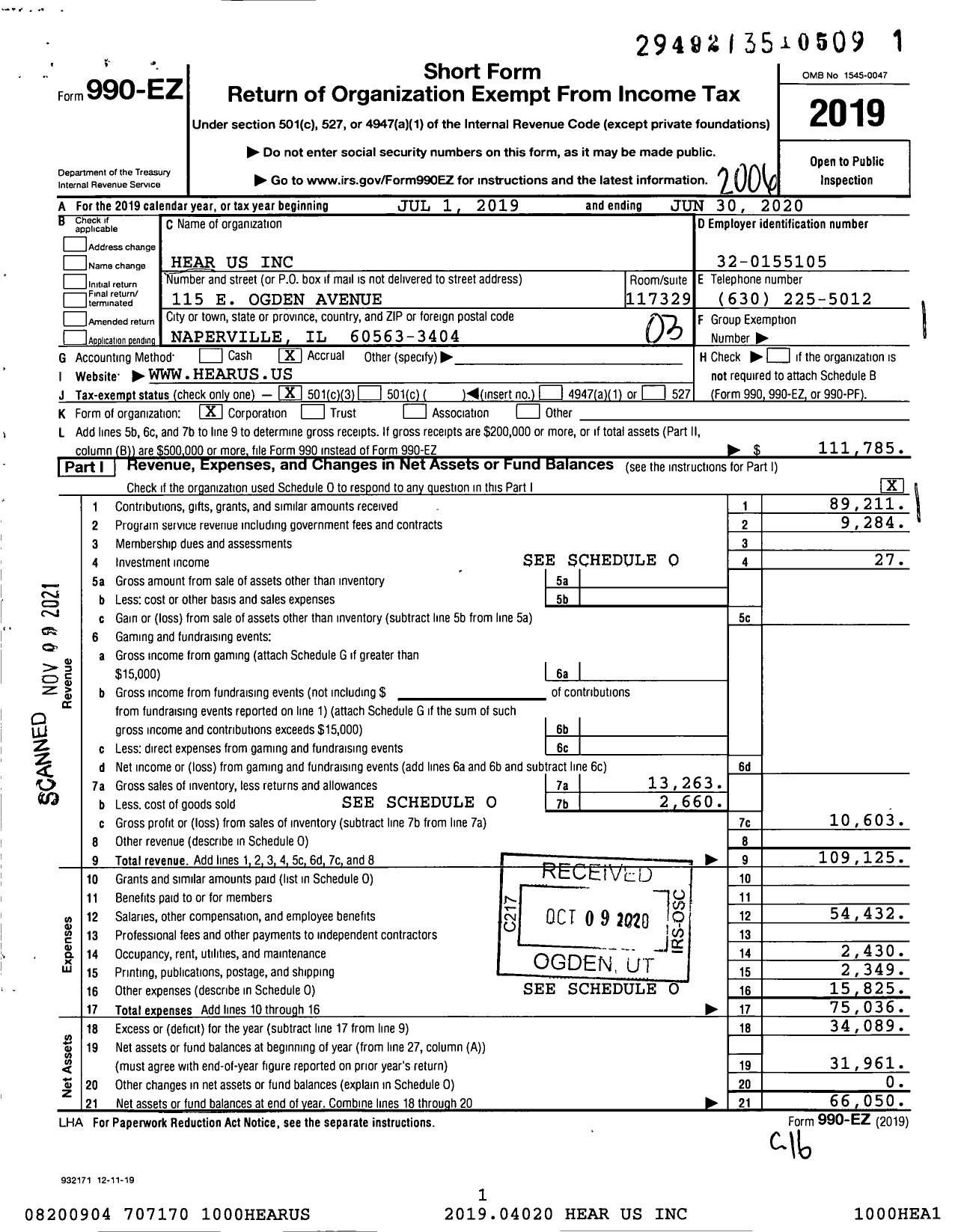 Image of first page of 2019 Form 990EZ for Hear Us