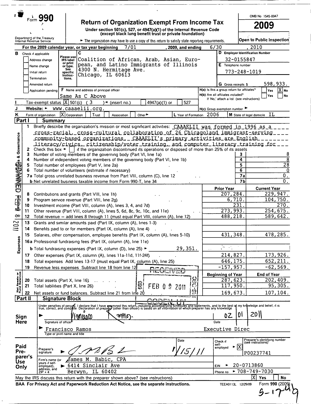 Image of first page of 2009 Form 990 for Coalition of African Arab Asian European and Latino Immigrants of Illinois