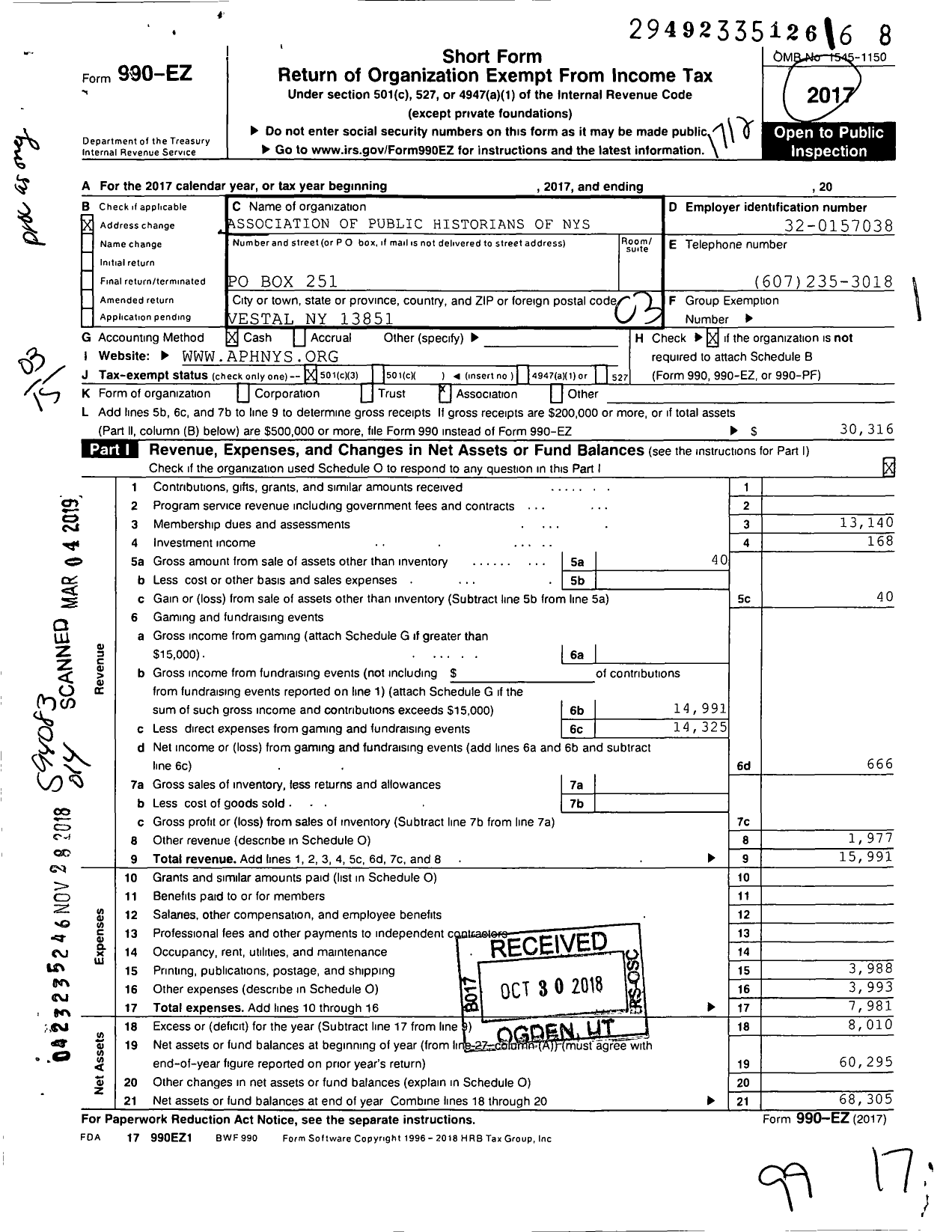 Image of first page of 2017 Form 990EZ for Association of Public Historians of New York State