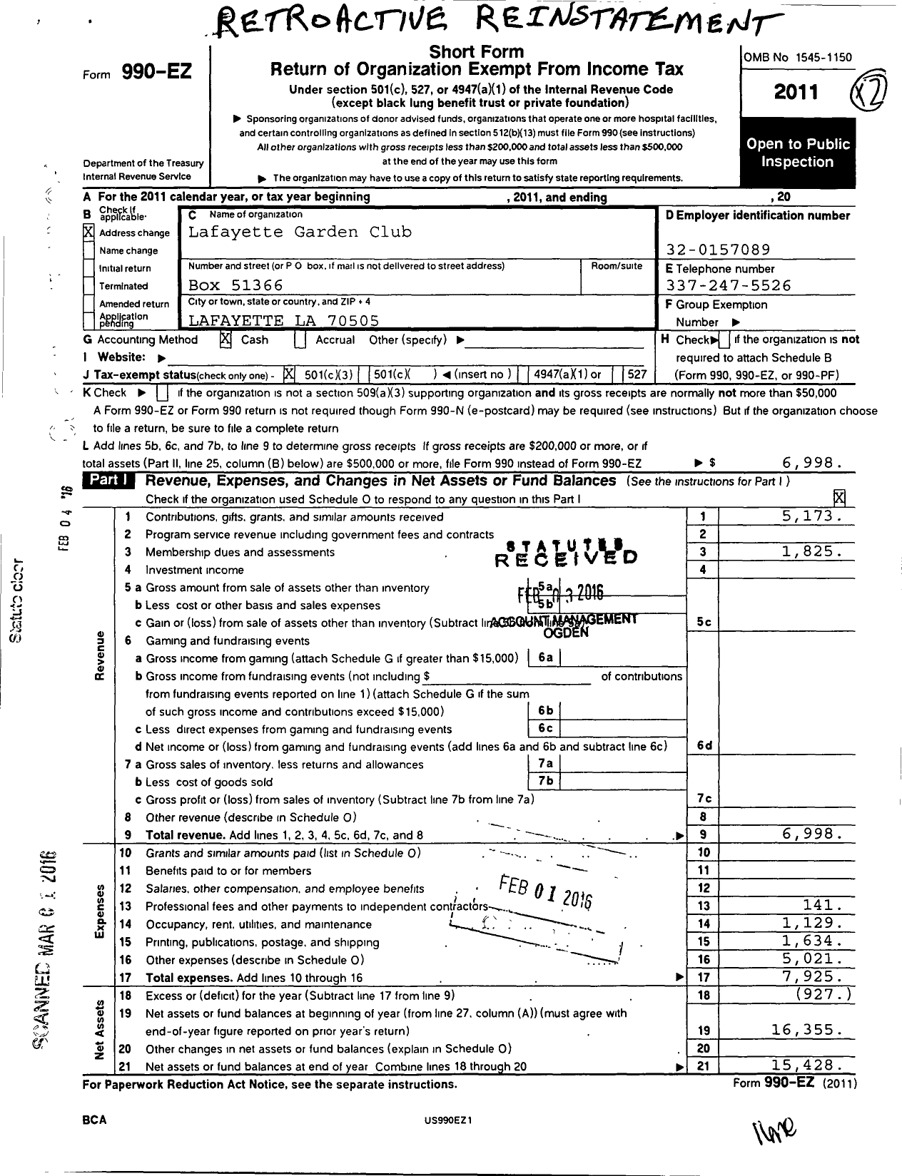 Image of first page of 2011 Form 990EZ for Lafayette Garden Club Federation