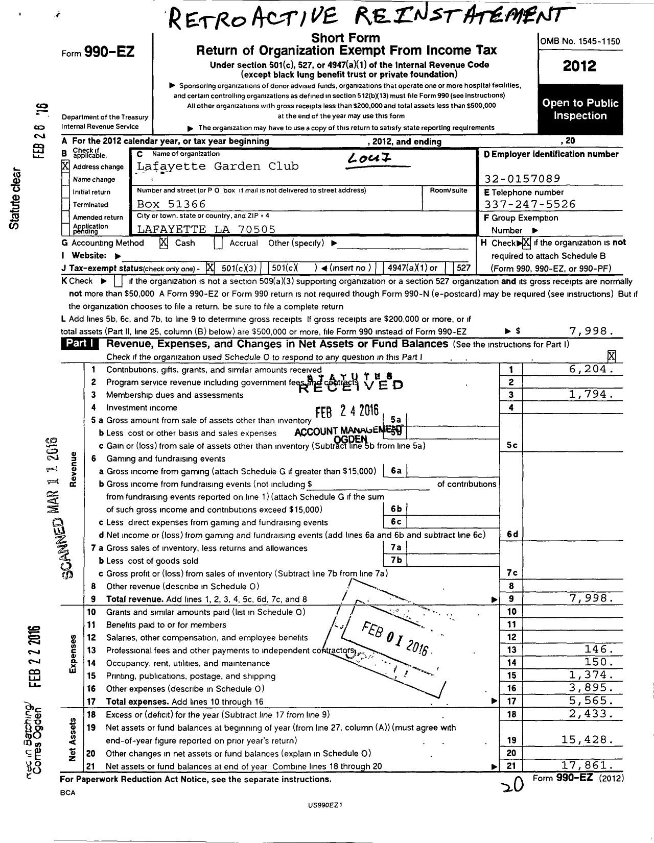 Image of first page of 2012 Form 990EZ for Lafayette Garden Club Federation