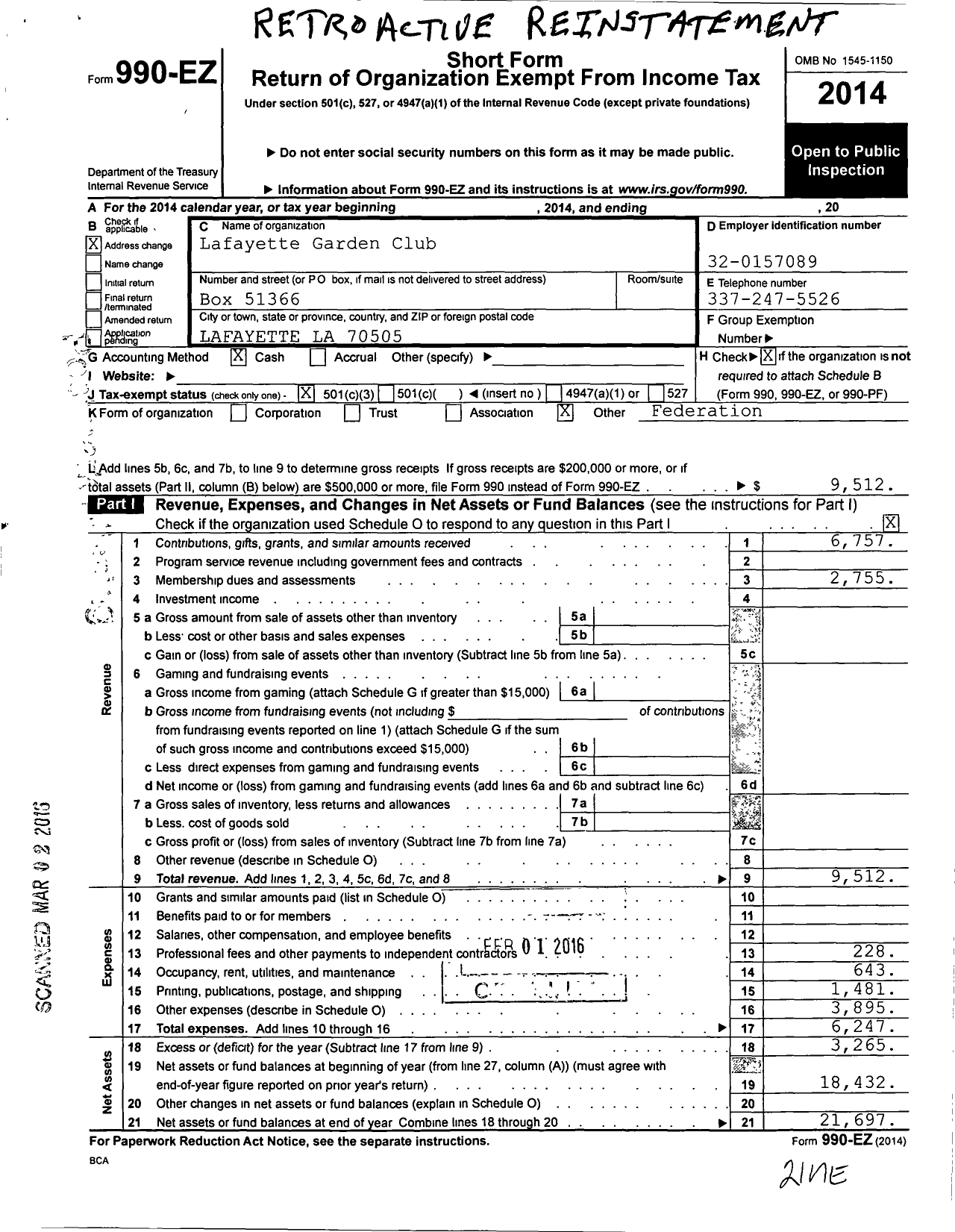 Image of first page of 2014 Form 990EZ for Lafayette Garden Club Federation