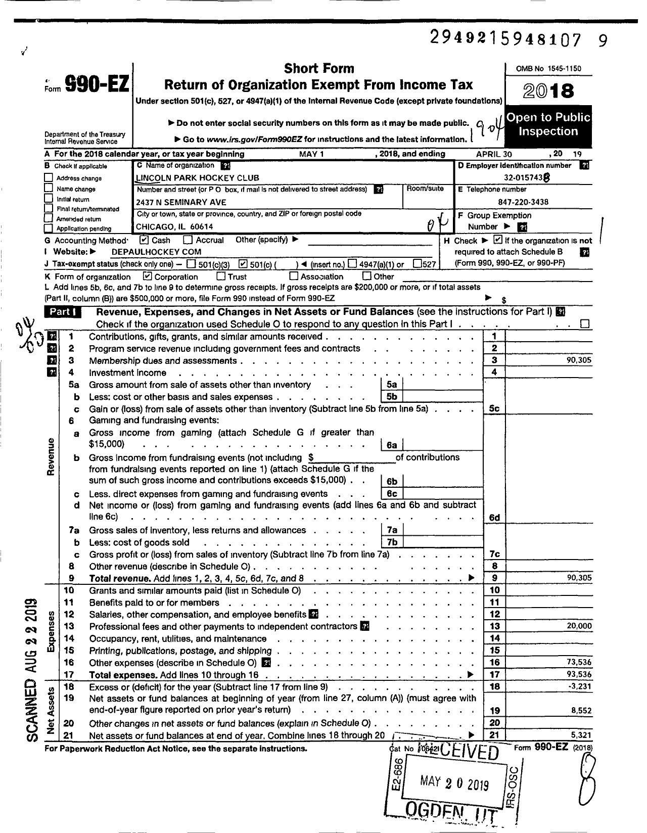 Image of first page of 2018 Form 990EO for Lincoln Park Hockey Club