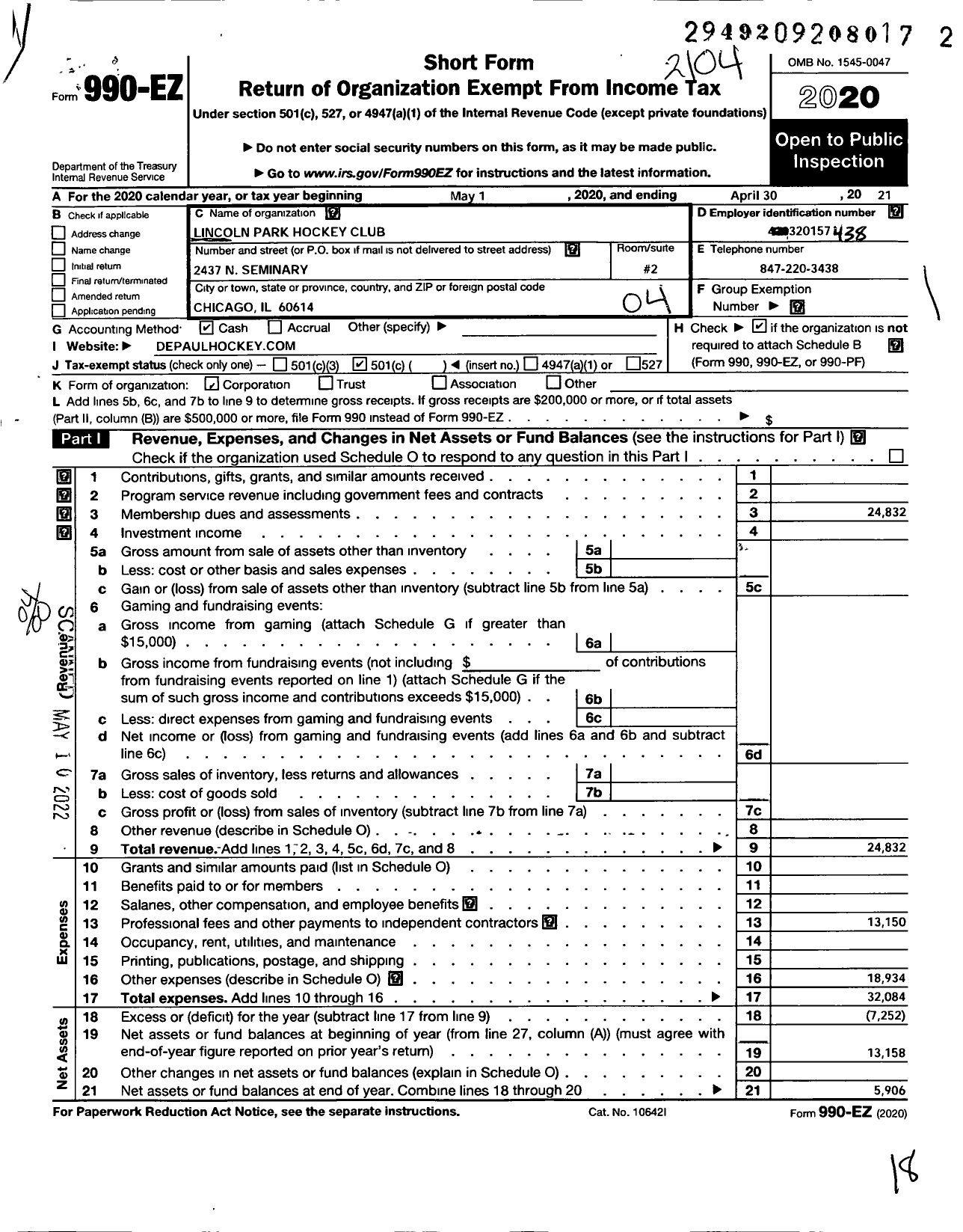 Image of first page of 2020 Form 990EO for Lincoln Park Hockey Club