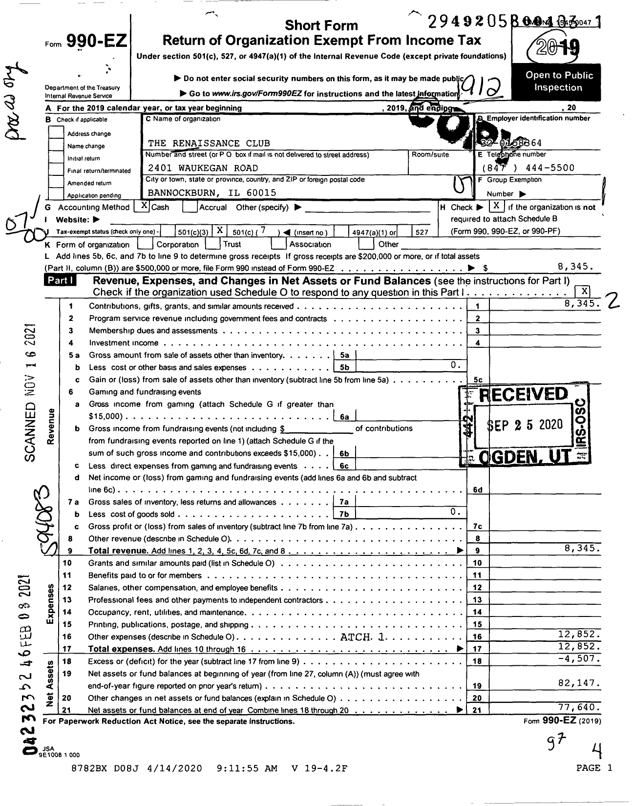 Image of first page of 2019 Form 990EO for The Renaissance Club