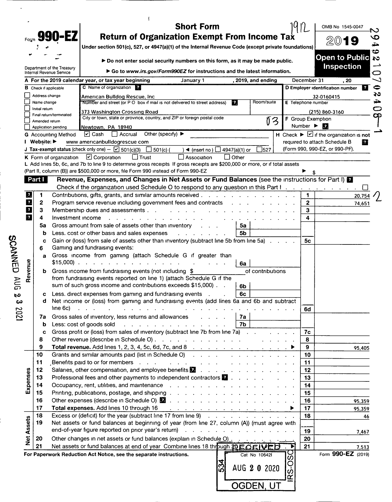 Image of first page of 2019 Form 990EZ for American Bulldog Rescue