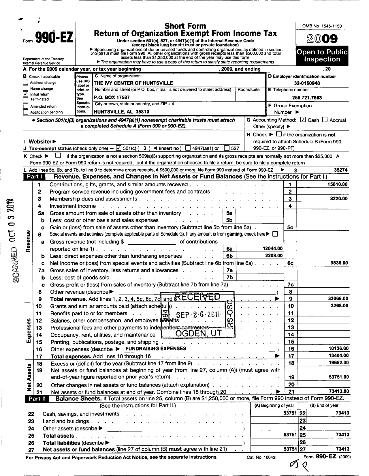 Image of first page of 2009 Form 990EZ for The Ivy Center of Huntsville Madison County Foundation