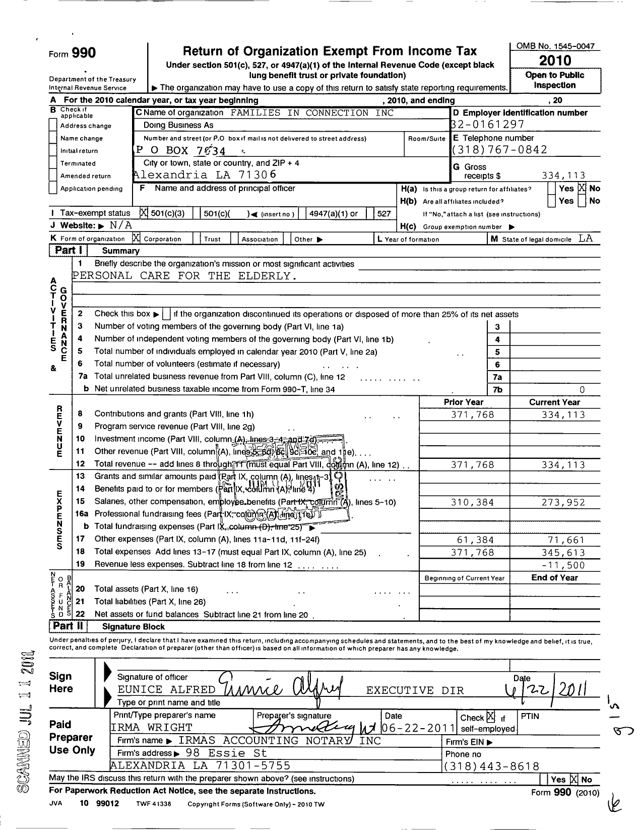 Image of first page of 2010 Form 990 for Families in Connection