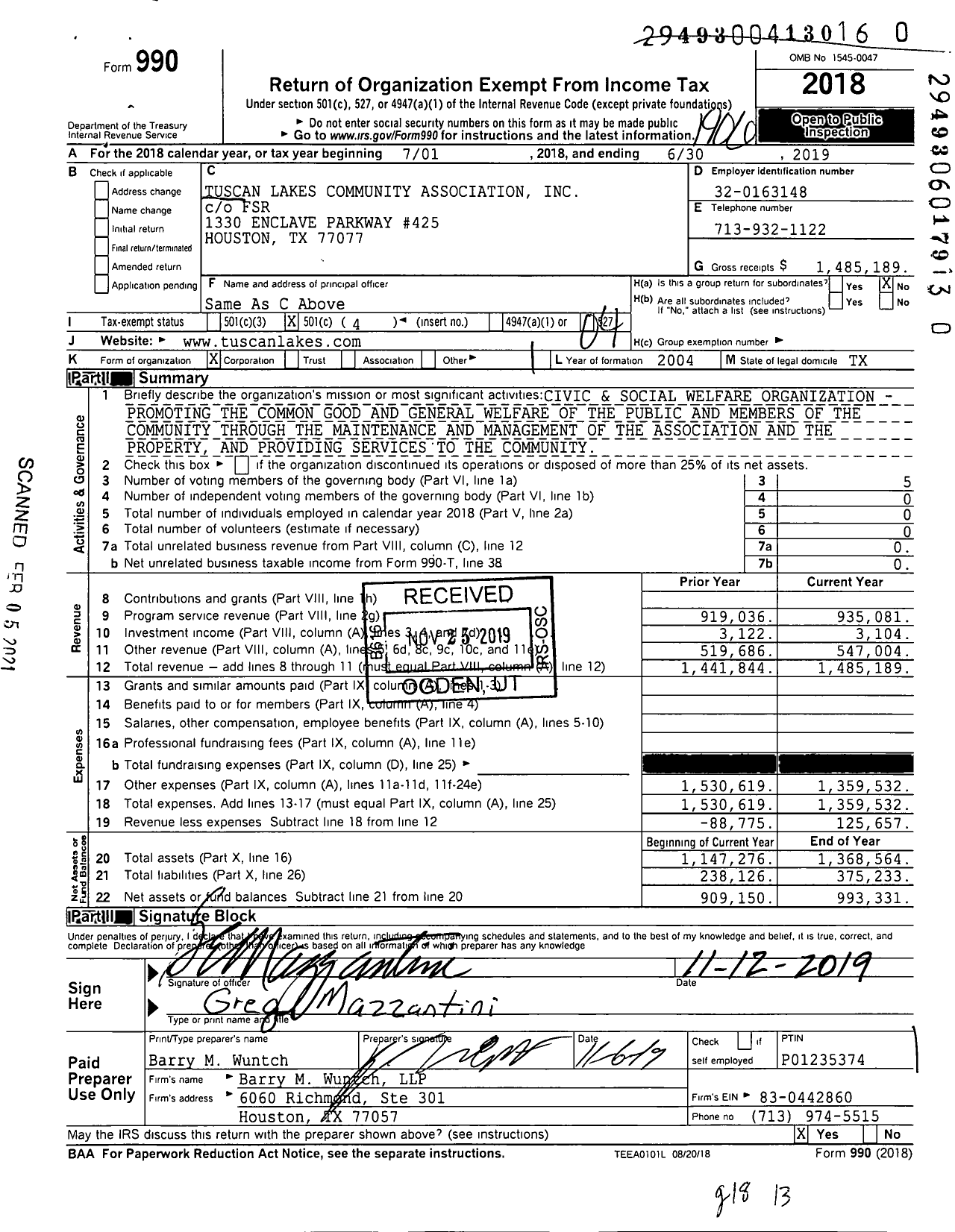 Image of first page of 2018 Form 990O for Tuscan Lakes Community Association