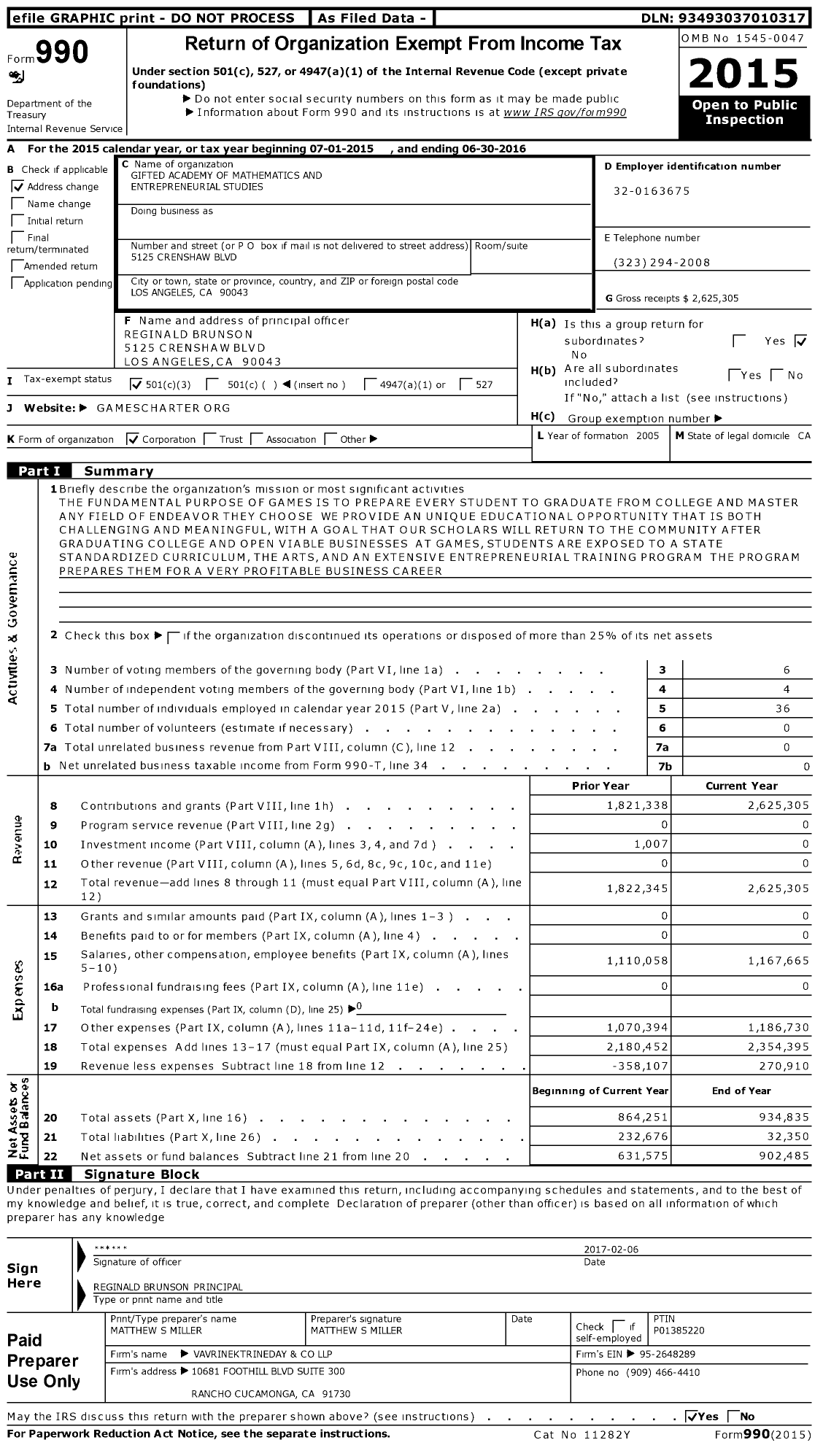Image of first page of 2015 Form 990 for Gifted Academy Of Mathematics & Entrepreneurial Studies