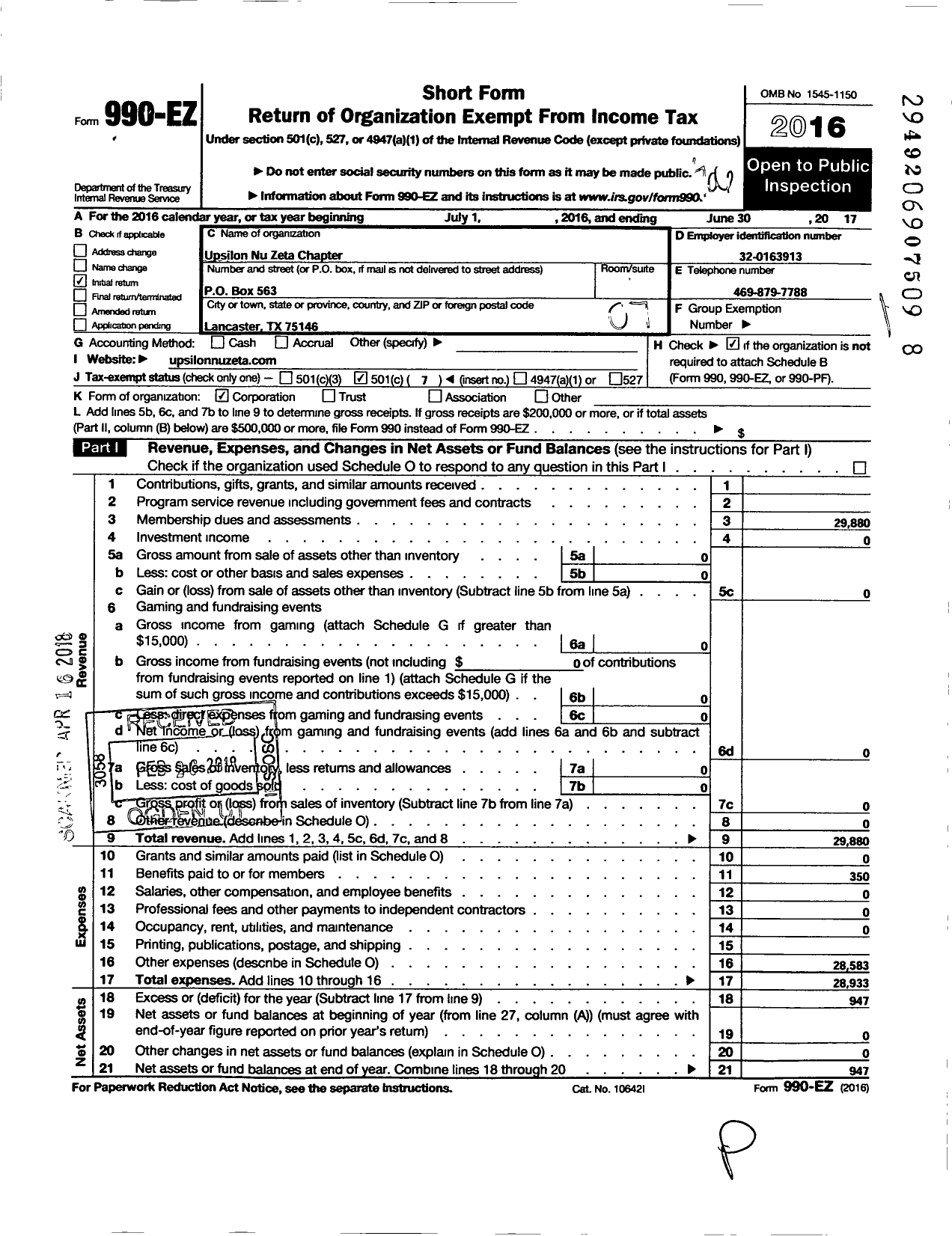 Image of first page of 2016 Form 990EO for Upsilon Nu Zeta Storks Nest