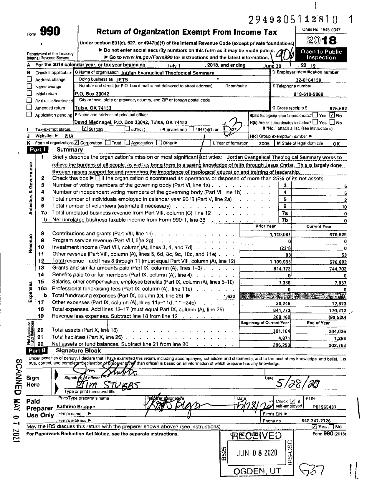 Image of first page of 2018 Form 990 for Jordan Evangelical Theological Seminary (JETS)