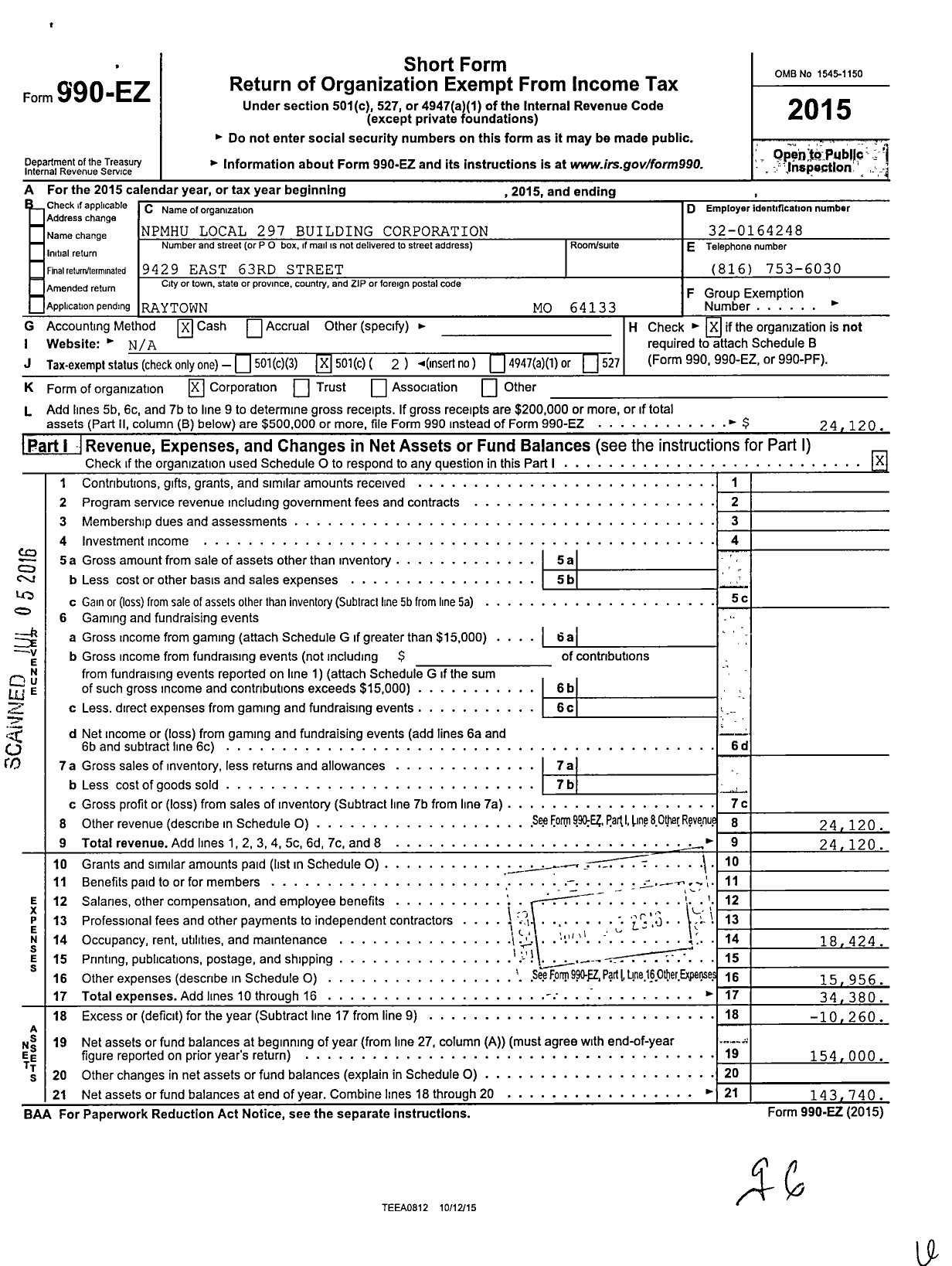 Image of first page of 2015 Form 990EO for Npmhu Local 297 Building Corporation