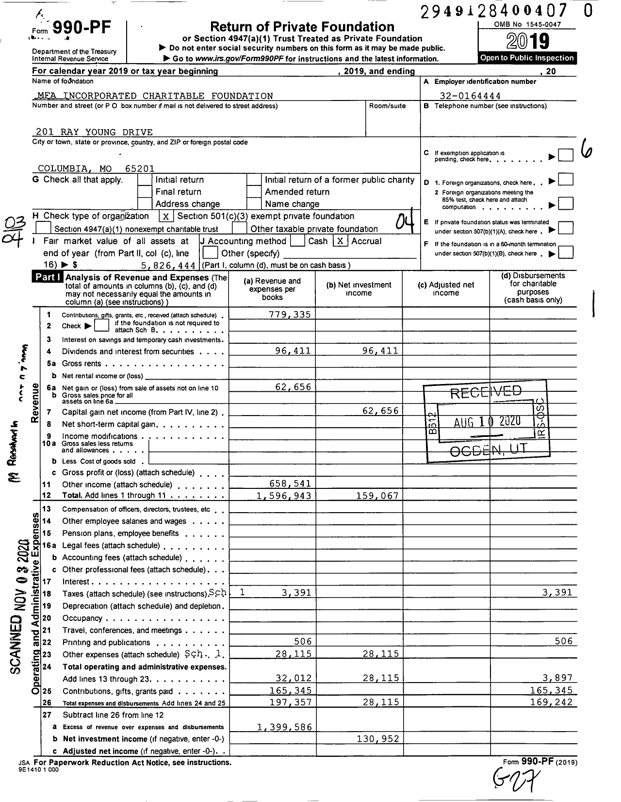 Image of first page of 2019 Form 990PF for Mfa Incorporated Charitable Foundation