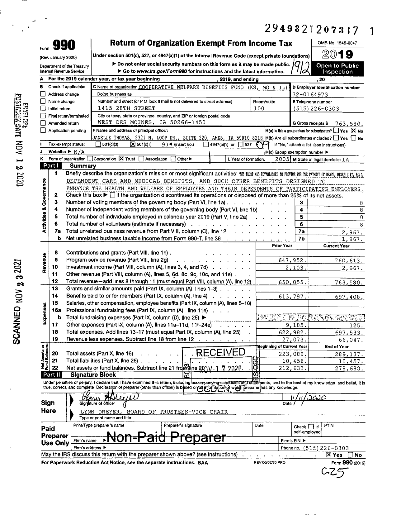 Image of first page of 2019 Form 990O for Cooperative Welfare Benefits Fund