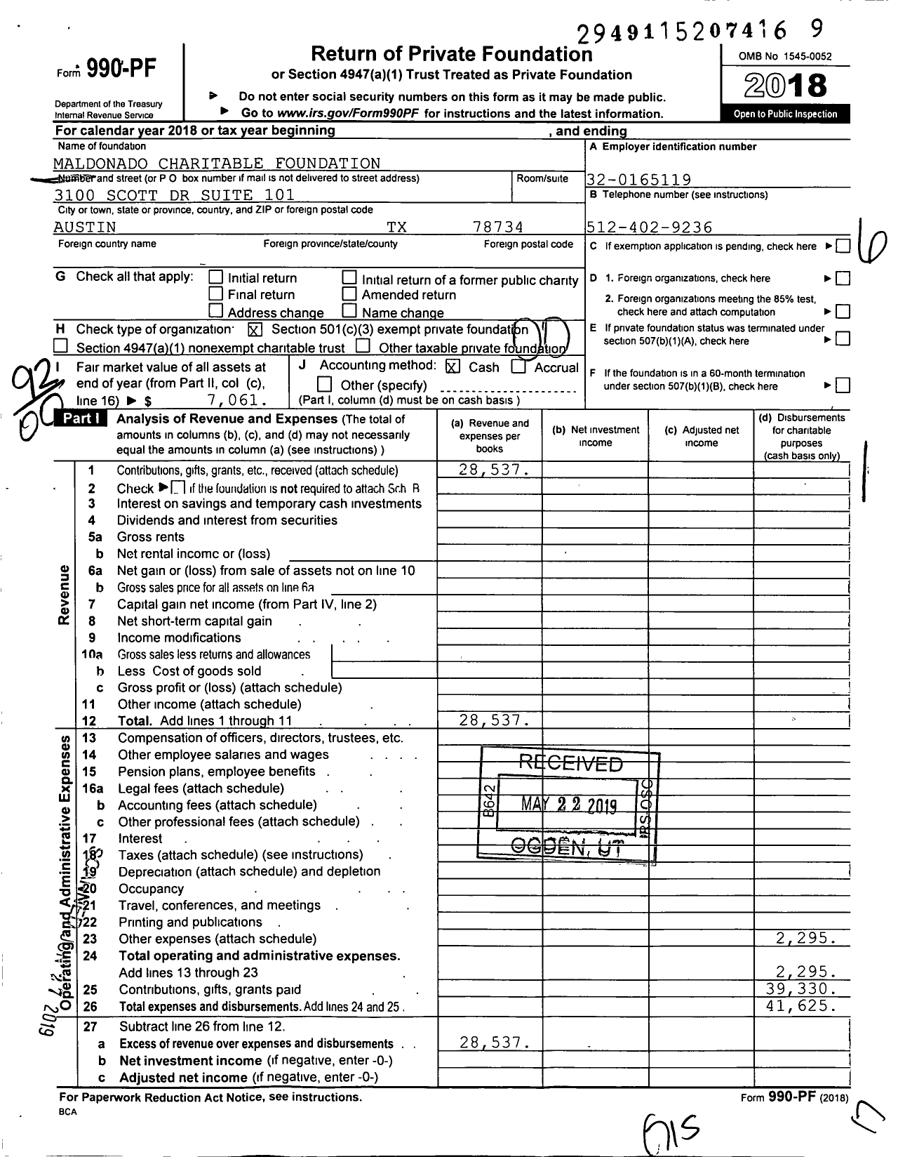 Image of first page of 2018 Form 990PF for Maldonado Charitable Foundation