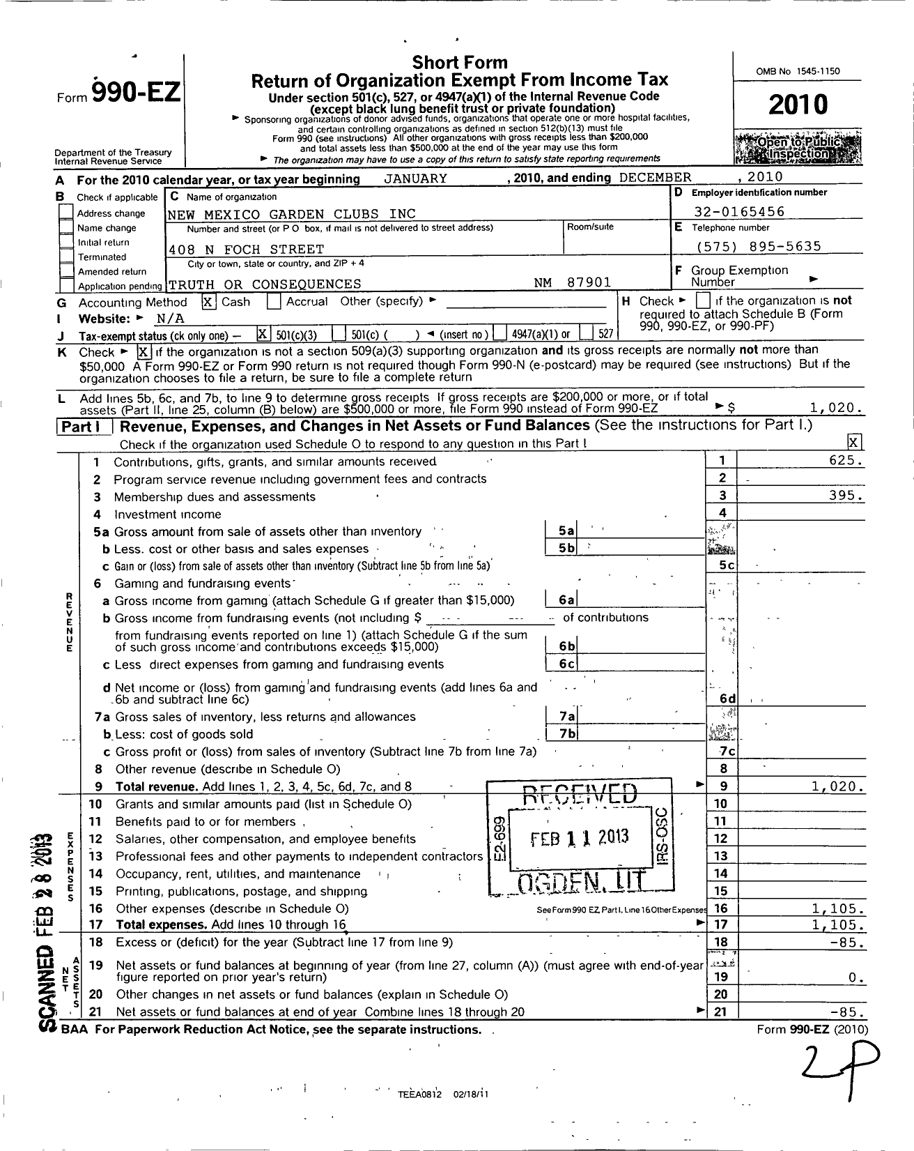 Image of first page of 2010 Form 990EZ for New Mexico Garden Clubs / Sunshine Valley Garden Club