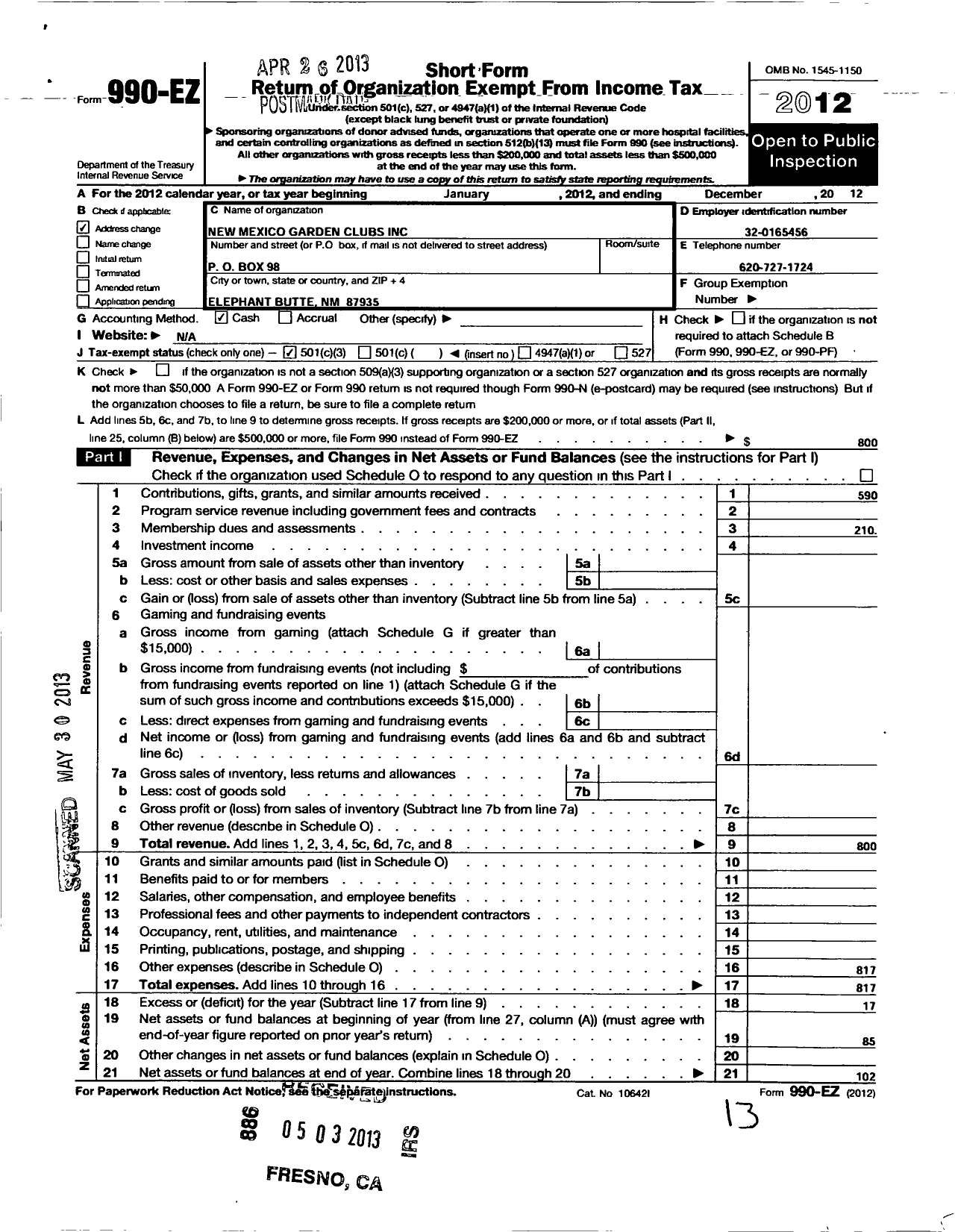 Image of first page of 2012 Form 990EZ for New Mexico Garden Clubs / Sunshine Valley Garden Club