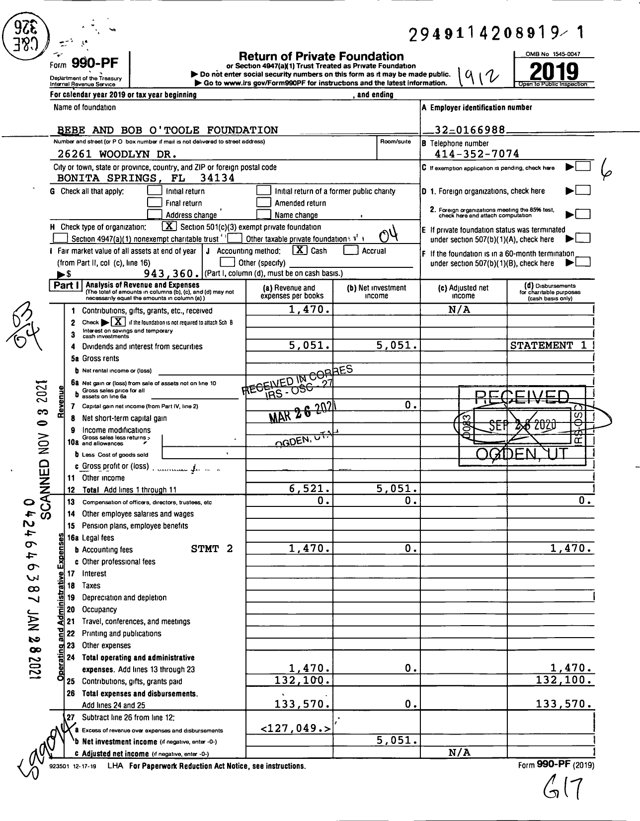 Image of first page of 2019 Form 990PF for Bebe and Bob O'Toole Foundation