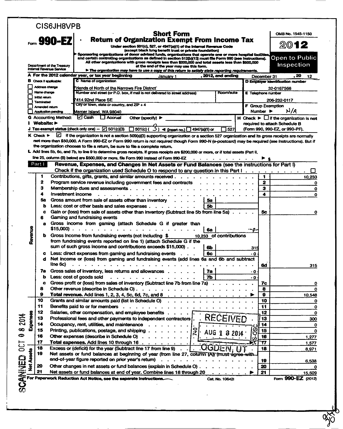 Image of first page of 2012 Form 990EZ for Friends of North of the Narrows Fire District