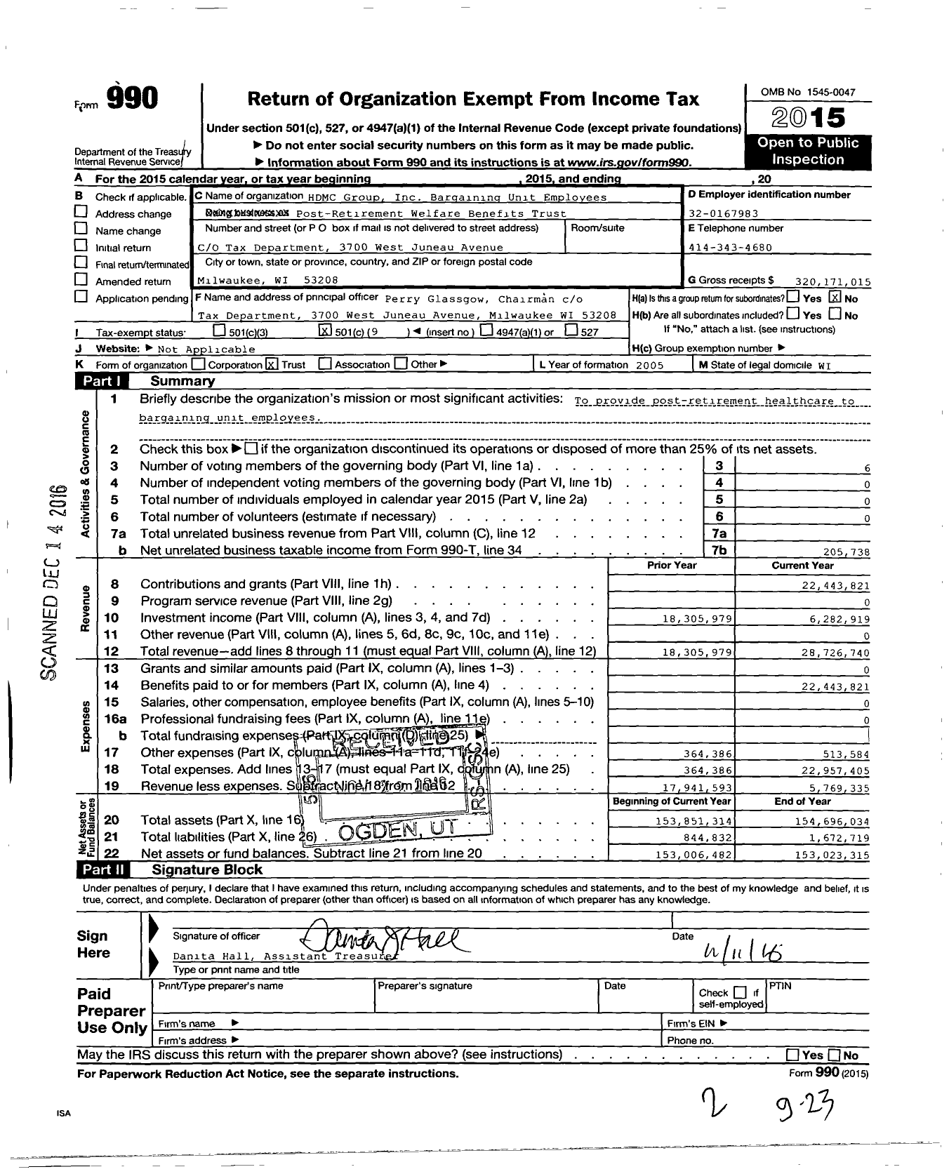 Image of first page of 2015 Form 990O for HDMC Group Inc Bargaining Unit Employees Post-Retirement Welfare Benefits Trust
