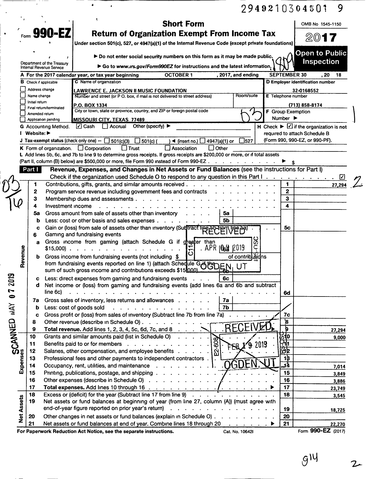 Image of first page of 2017 Form 990EZ for Lawrence E Jackson Ii Foundation