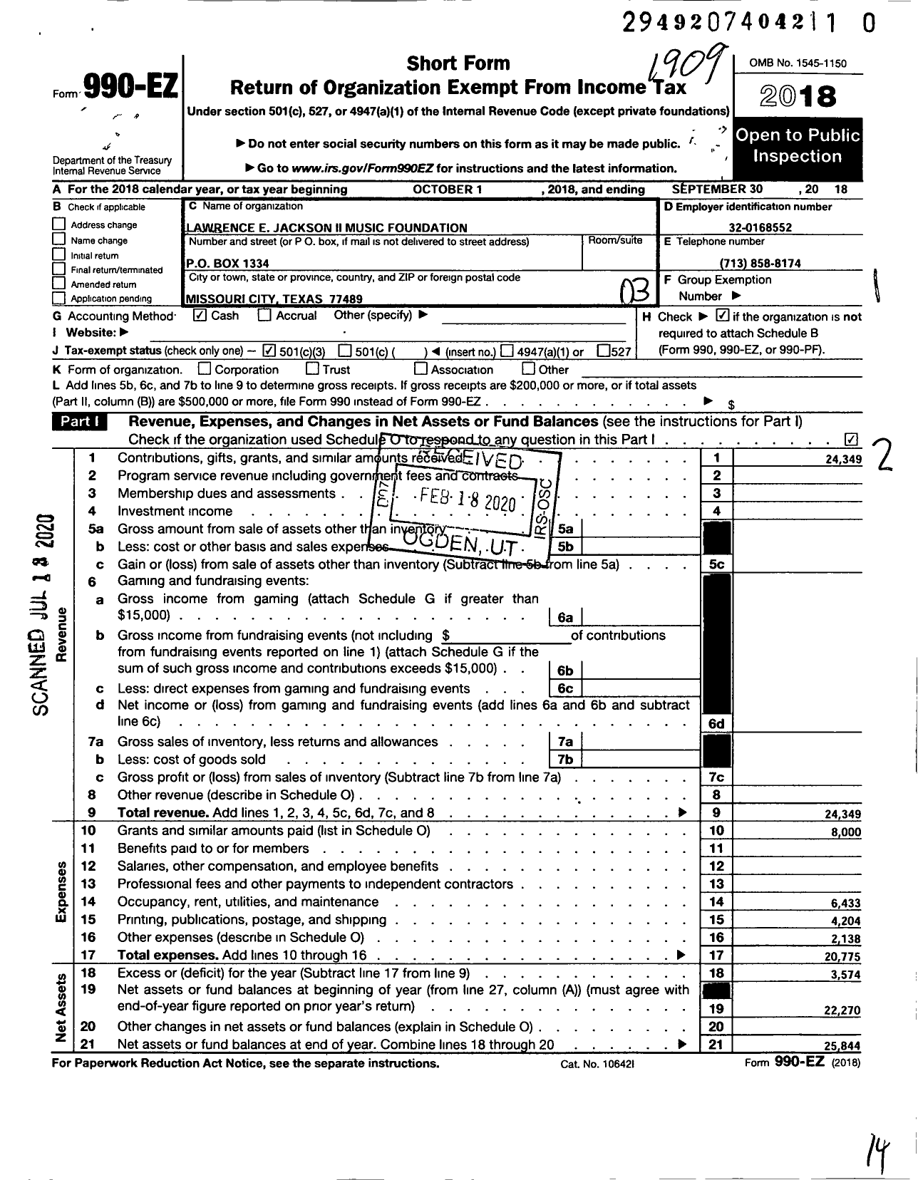 Image of first page of 2018 Form 990EZ for Lawrence E Jackson Ii Foundation