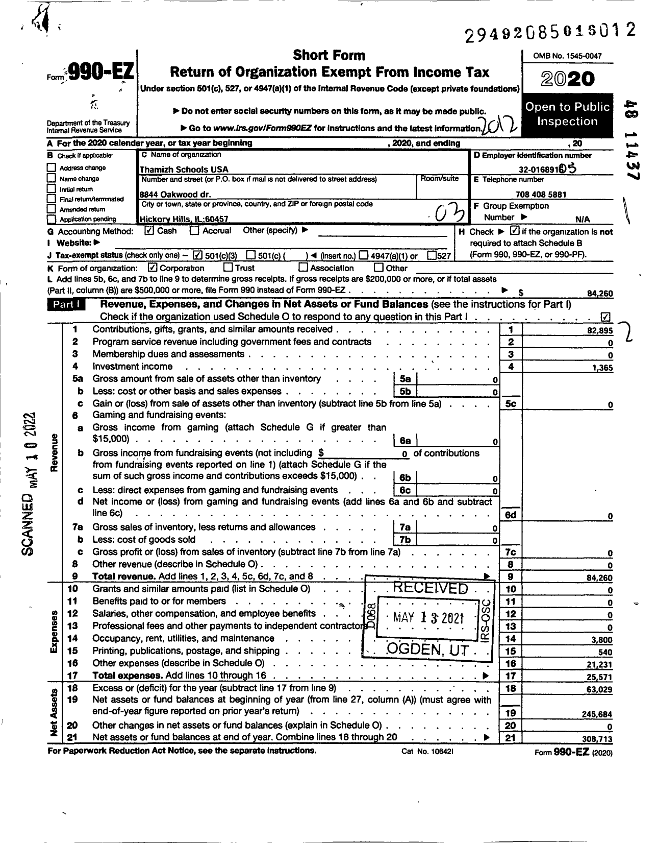 Image of first page of 2020 Form 990EZ for Thamizh Schools USA