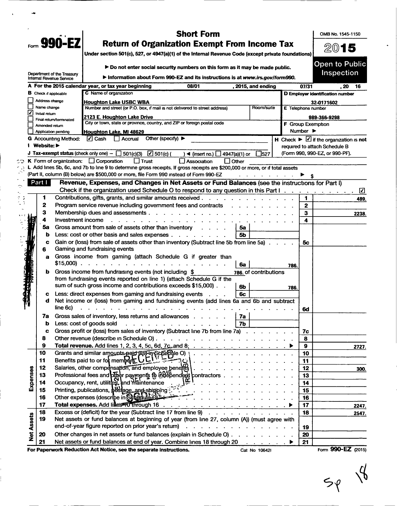 Image of first page of 2015 Form 990EO for United States Bowling Congress - 83863 Houghton Lake Usbc Wba