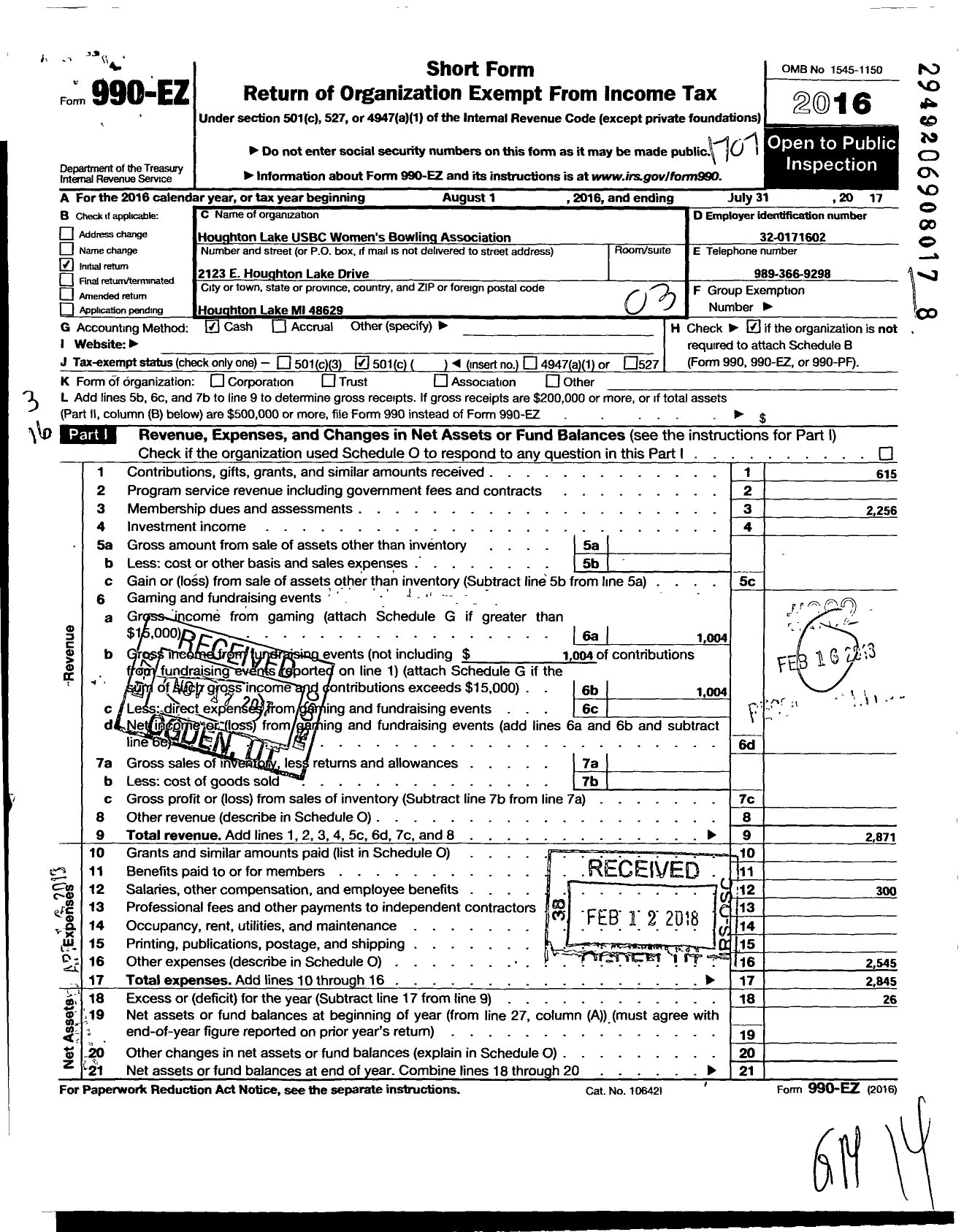 Image of first page of 2016 Form 990EZ for United States Bowling Congress - 83863 Houghton Lake Usbc Wba