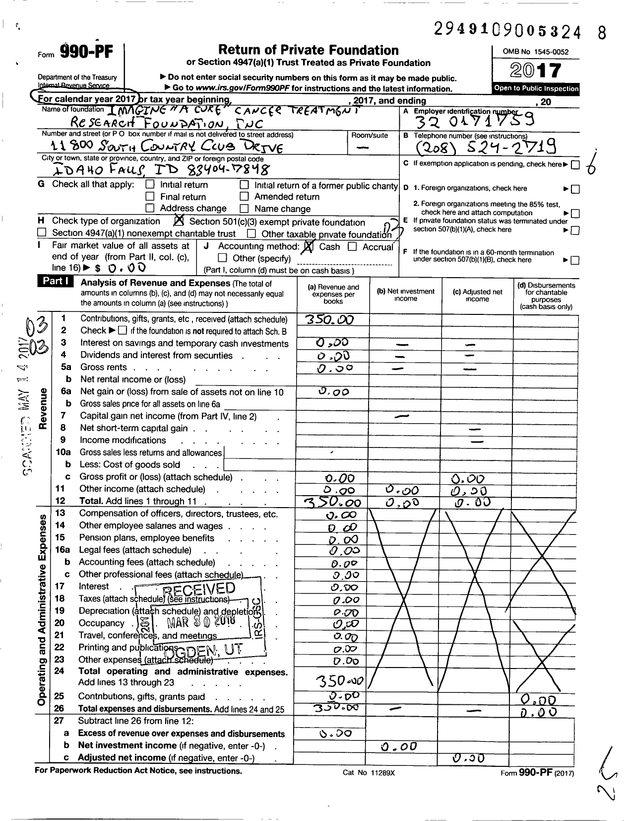 Image of first page of 2017 Form 990PF for Imagine A Cure Cancer Treatment