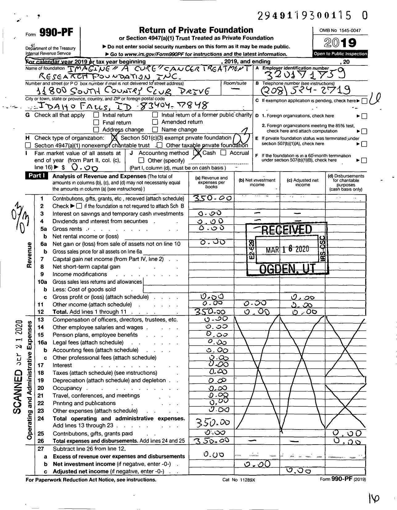 Image of first page of 2019 Form 990PR for Imagine A Cure Cancer Treatment