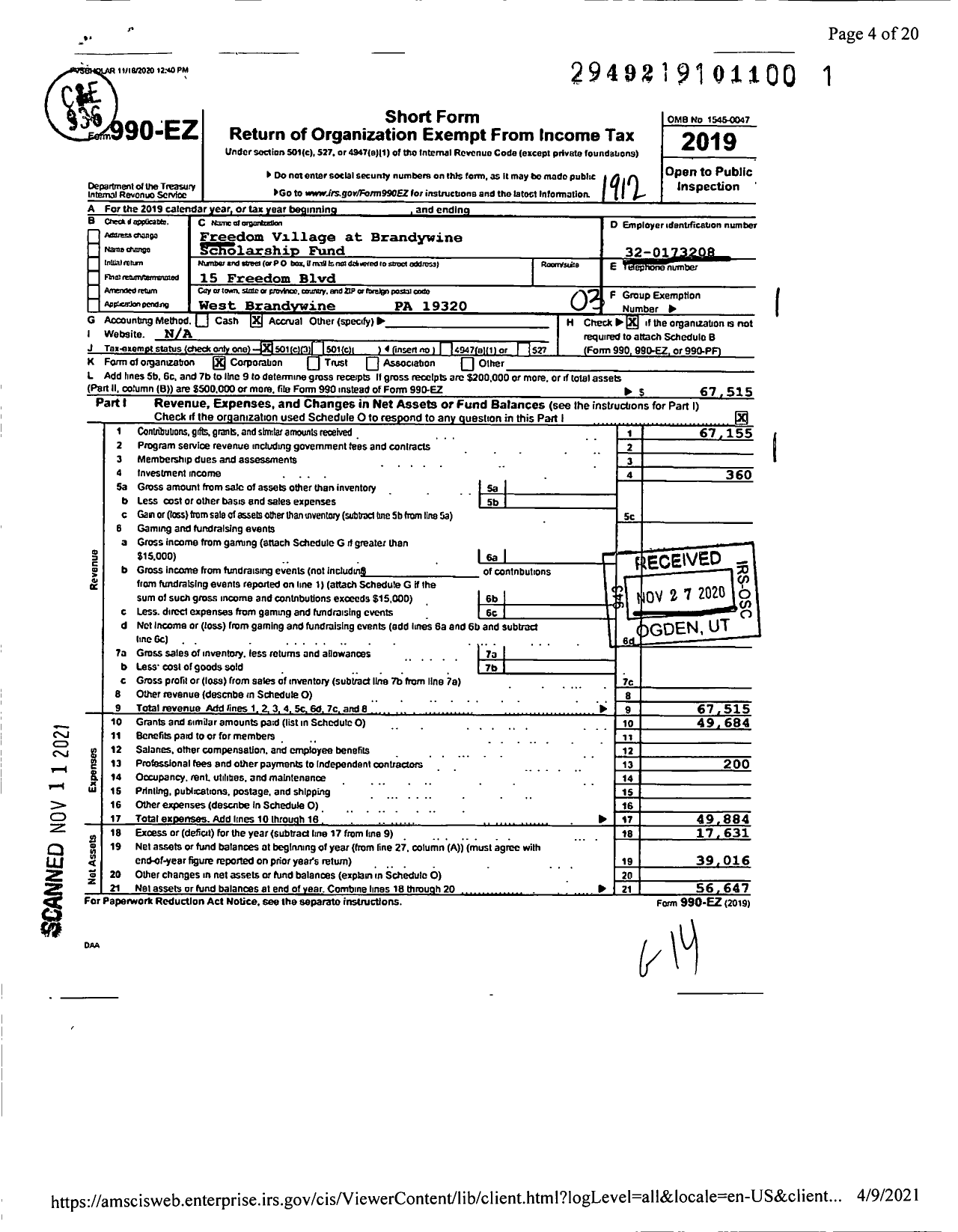 Image of first page of 2019 Form 990EZ for Freedom Village at Brandywine Scholarship Fund