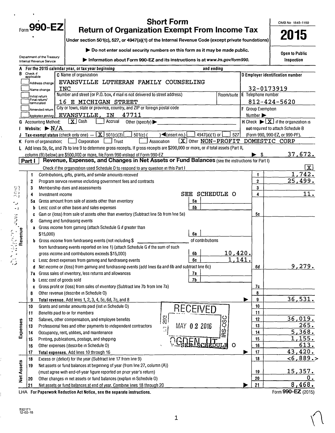 Image of first page of 2015 Form 990EZ for Evansville Lutheran Family Counseling