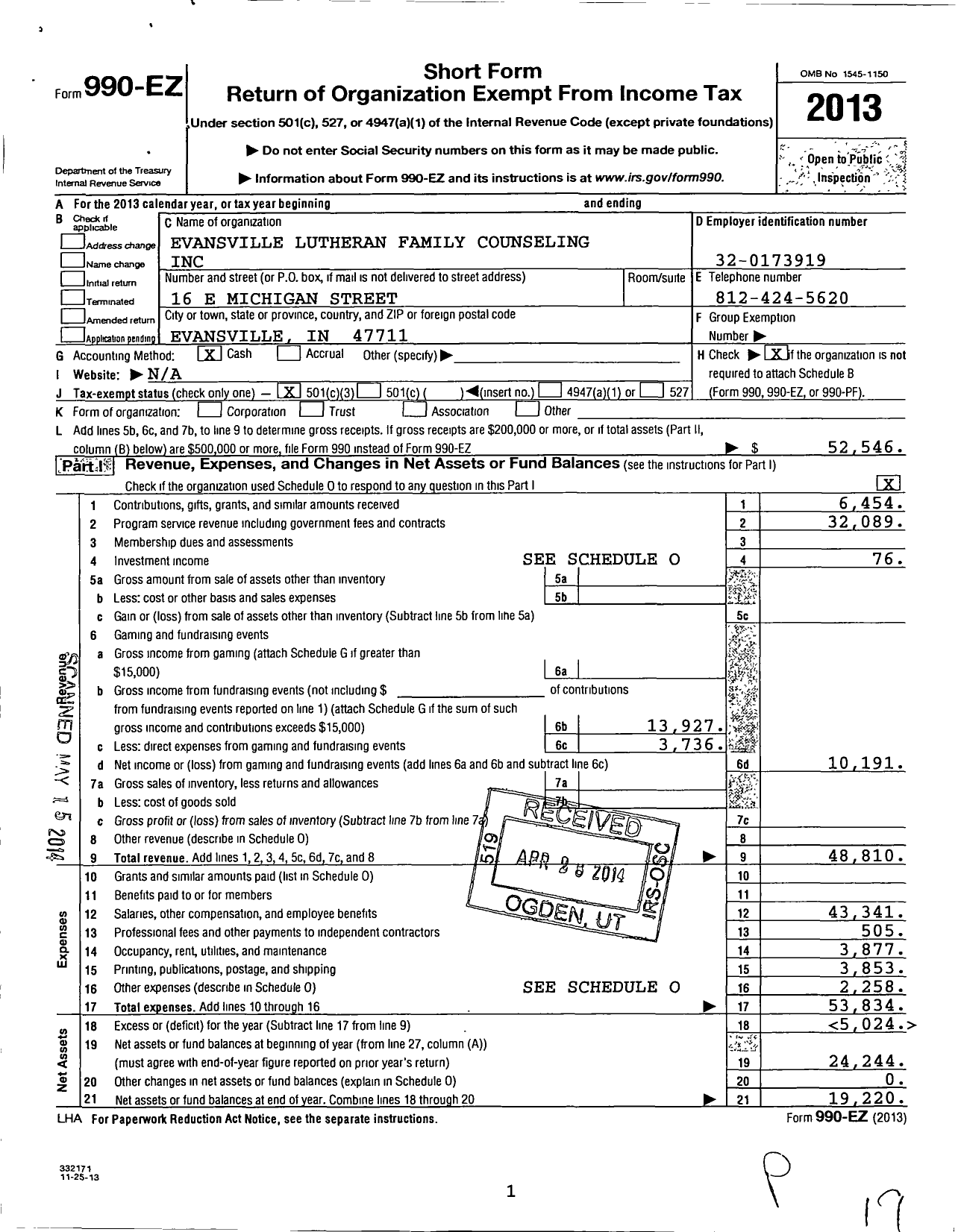 Image of first page of 2013 Form 990EZ for Evansville Lutheran Family Counseling