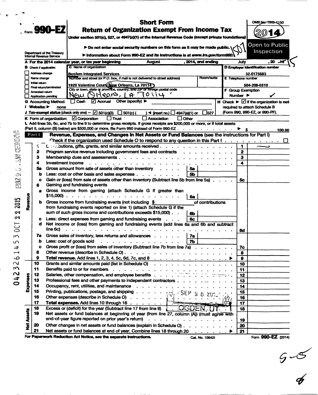 Image of first page of 2014 Form 990EZ for Bosfem Integrated Services