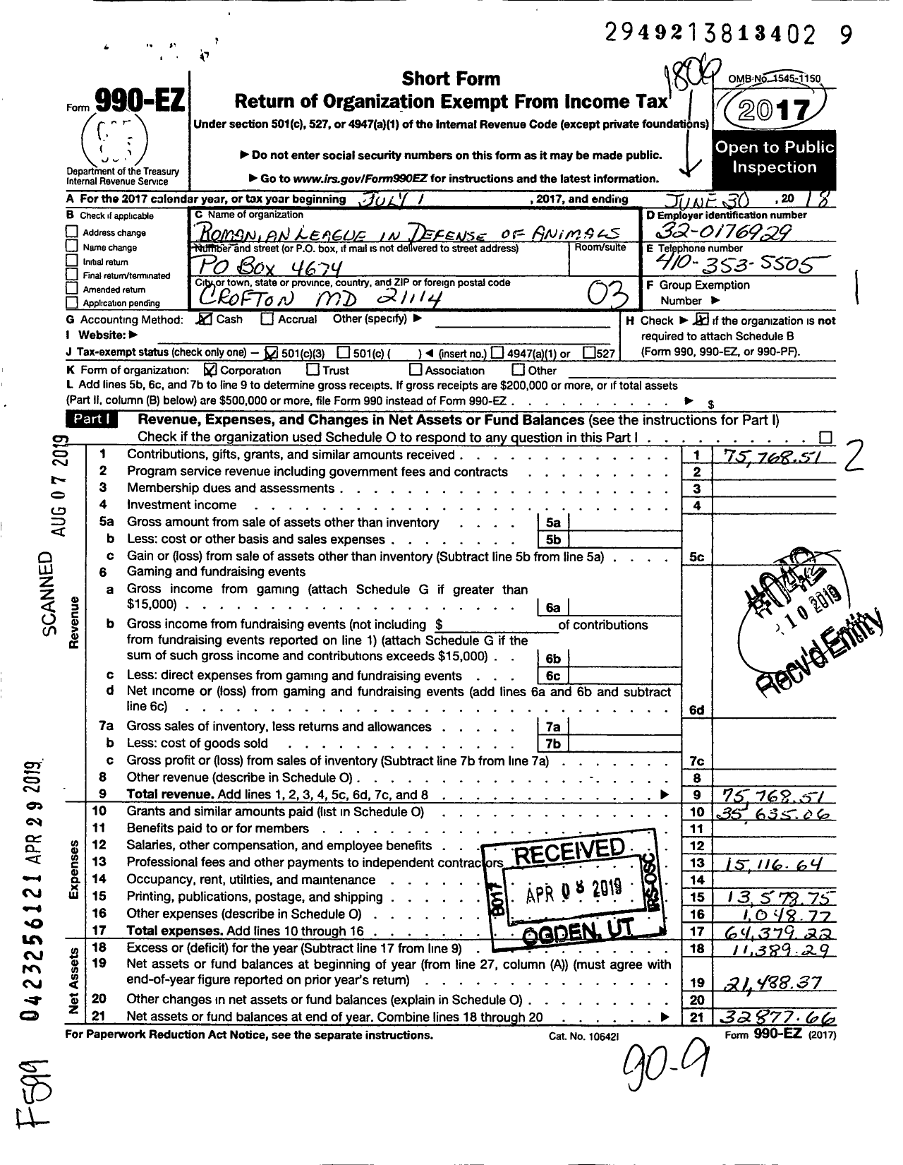 Image of first page of 2017 Form 990EZ for Romanian League In Defense Of Animals