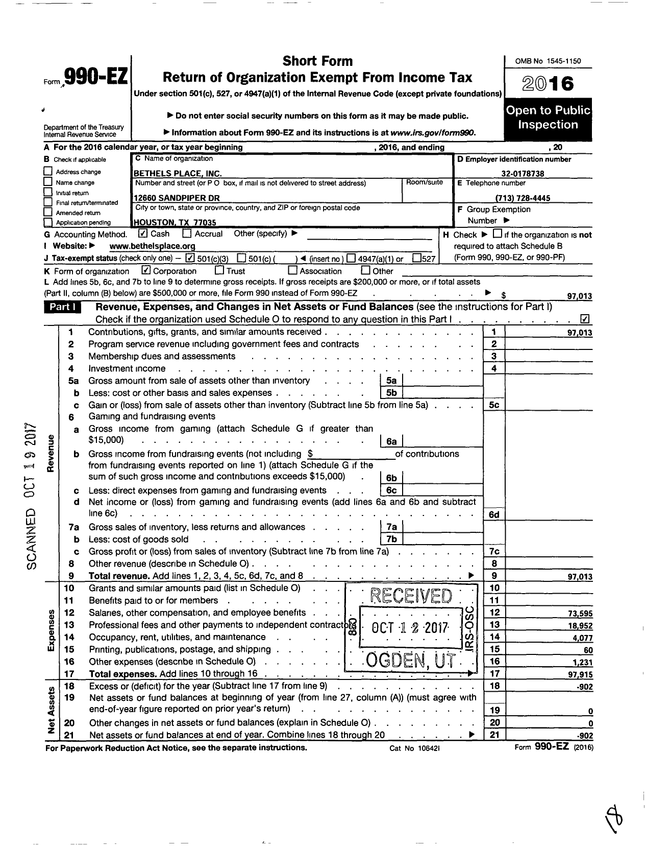 Image of first page of 2016 Form 990EZ for Bethels Place Incorporated