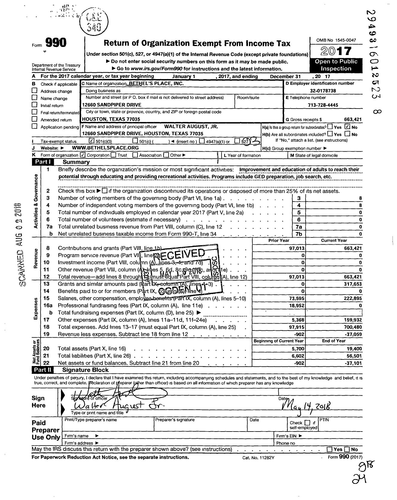 Image of first page of 2017 Form 990 for Bethels Place Incorporated