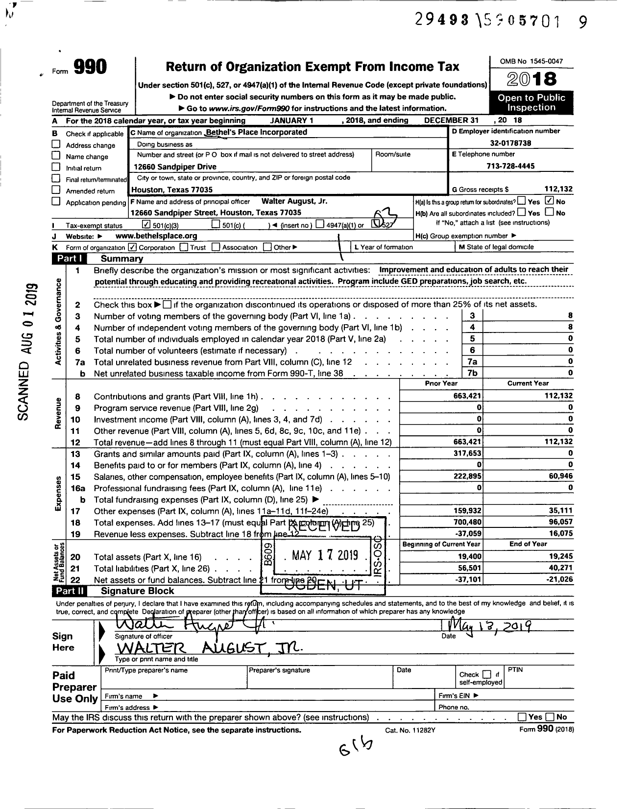 Image of first page of 2018 Form 990 for Bethels Place Incorporated