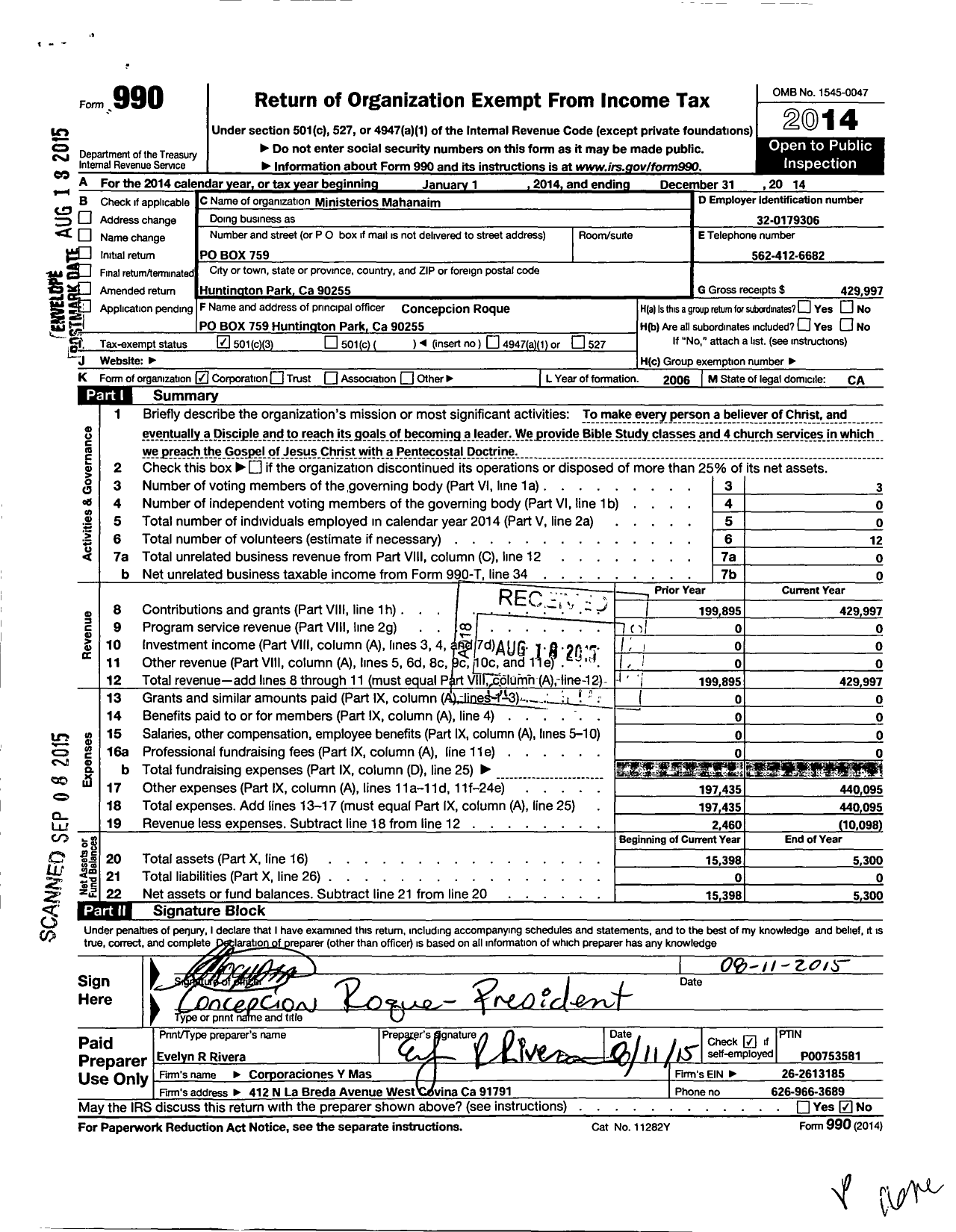 Image of first page of 2014 Form 990 for Ministerios Mahanaim