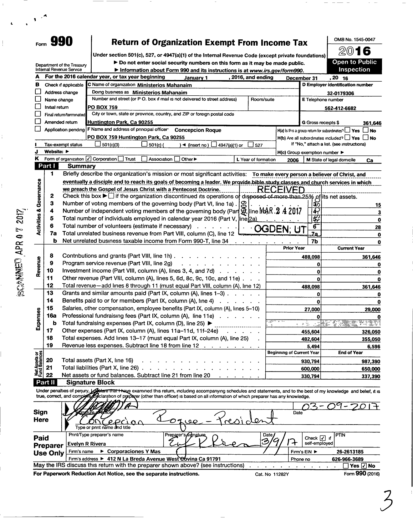 Image of first page of 2016 Form 990O for Ministerios Mahanaim