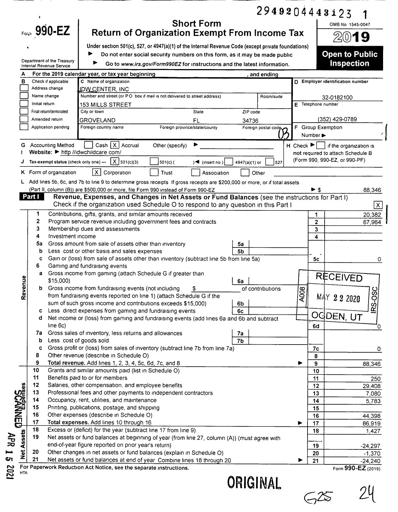 Image of first page of 2019 Form 990EZ for Idw Center